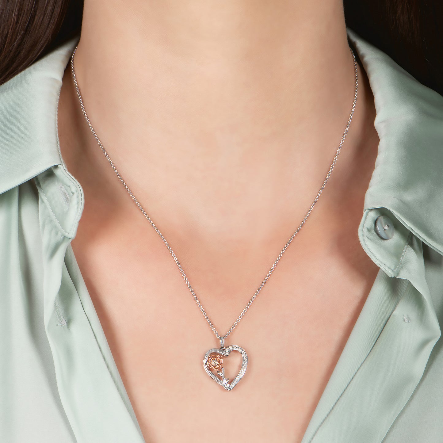 Enchanted Disney Fine Jewelry Sterling Silver and 10k Rose Gold with 1/10 CTTW Belle Rose with Heart Pendant Necklace