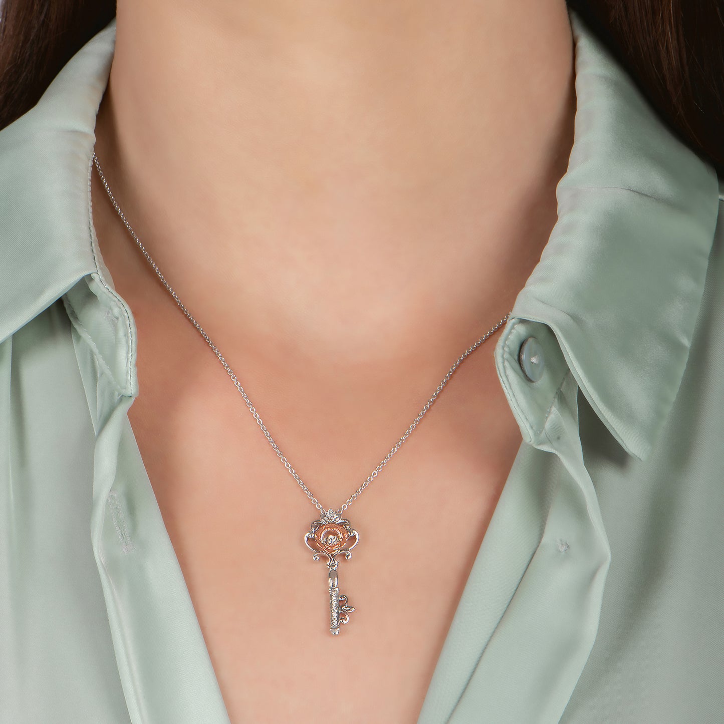 Enchanted Disney Fine Jewelry 14K Rose Gold Over Sterling Silver 1/20 CTTW Diamond Belle Key Pendant Necklace