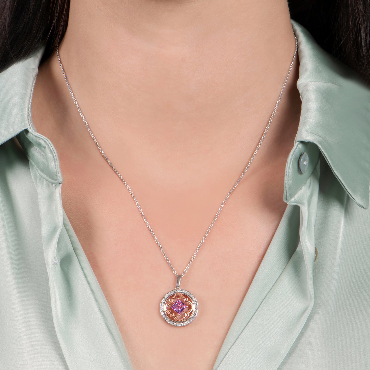 Enchanted Disney Fine Jewelry 14K Rose Gold Over Sterling Silver with 1/5 CTTW Diamond and Created Pink Sapphire Aurora Pendant Necklace