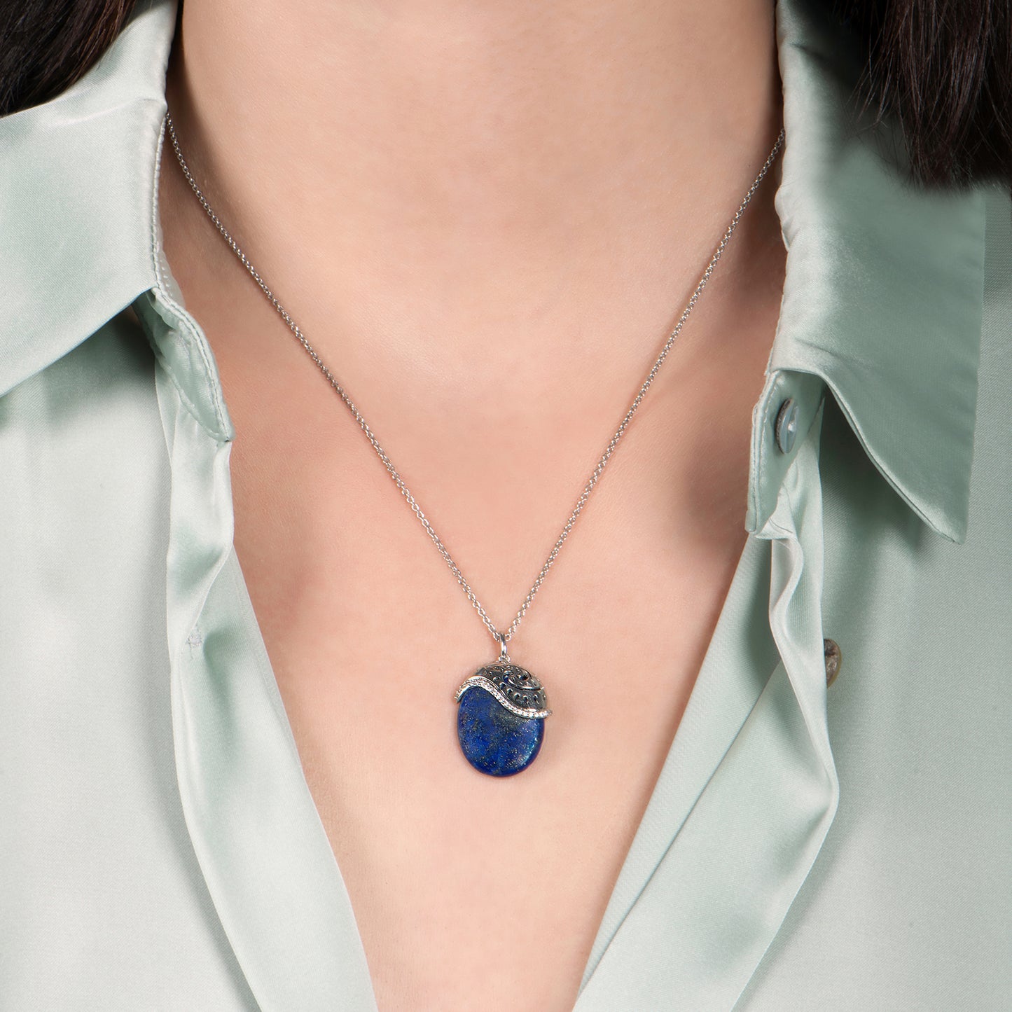 Enchanted Disney Fine Jewelry Sterling Silver with 1/20 CTTW Diamond and Lapis Moana Pendant Necklace