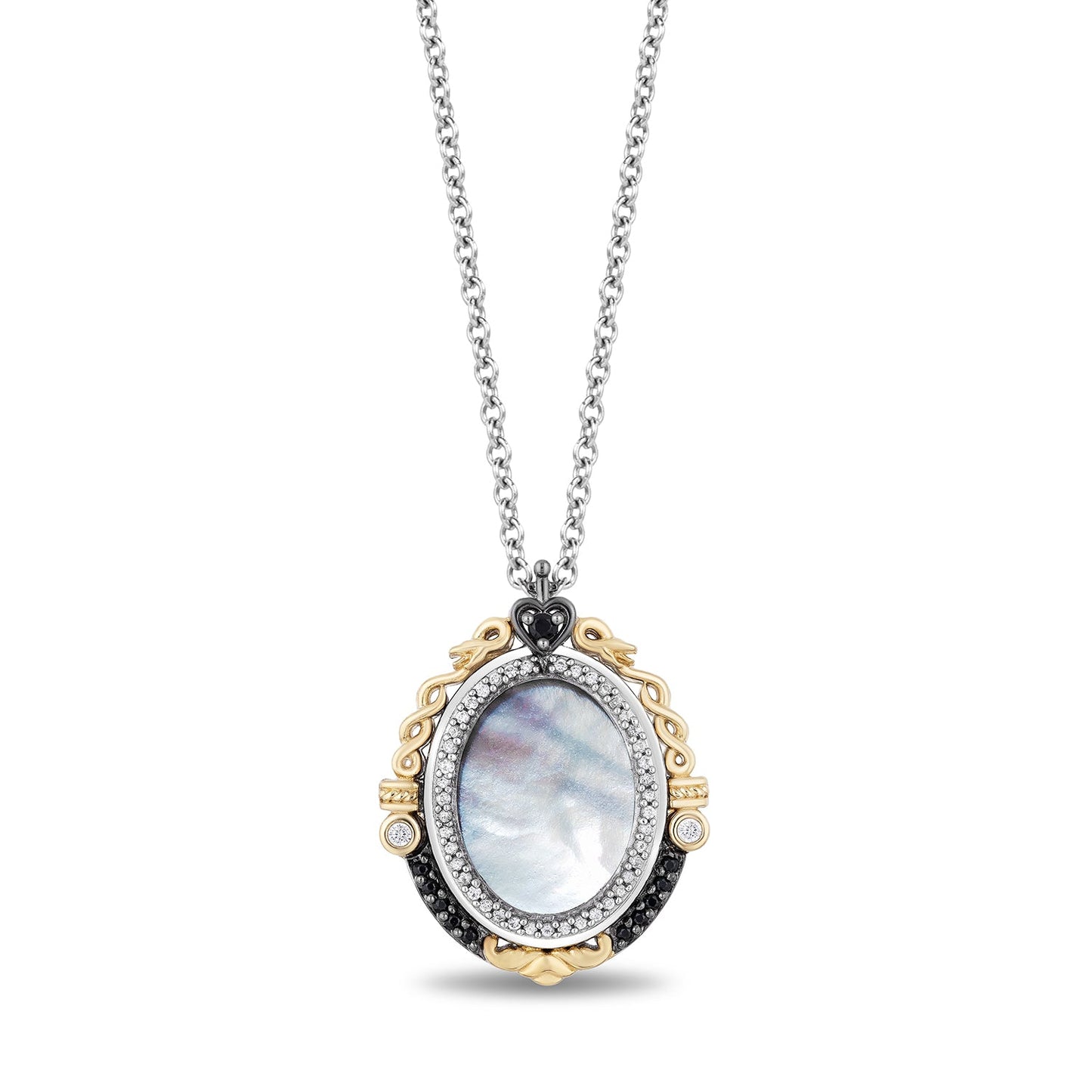 Enchanted Disney Fine Jewelry Sterling Silver and 10k Yellow Gold with 1/6 CTTW Diamond and Mother of Pearl Snow White Mirror Pendant Necklace