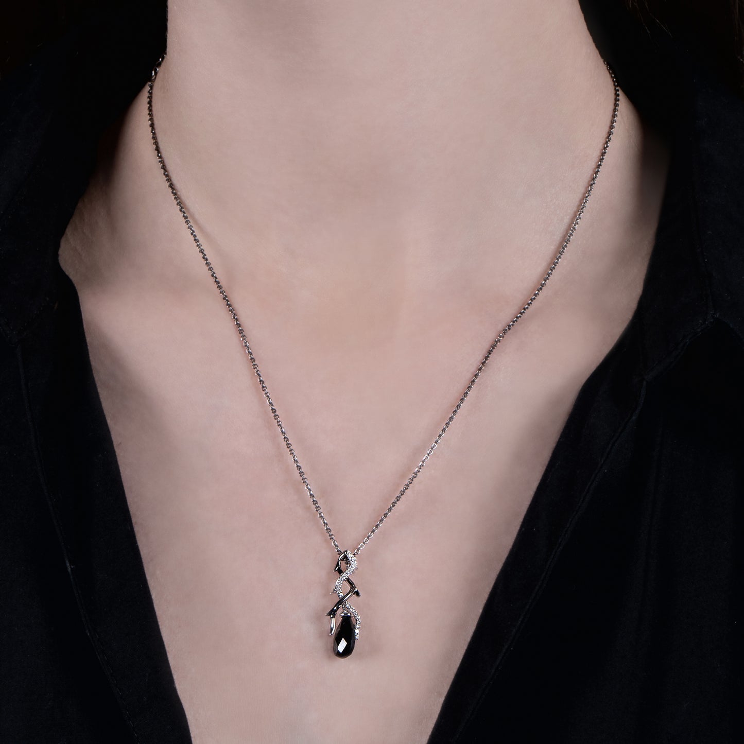 Enchanted Disney Fine Jewelry Black Rhodium over Sterling Silver with 1/10 CTTW and Black Onyx Maleficent Pendant Necklace