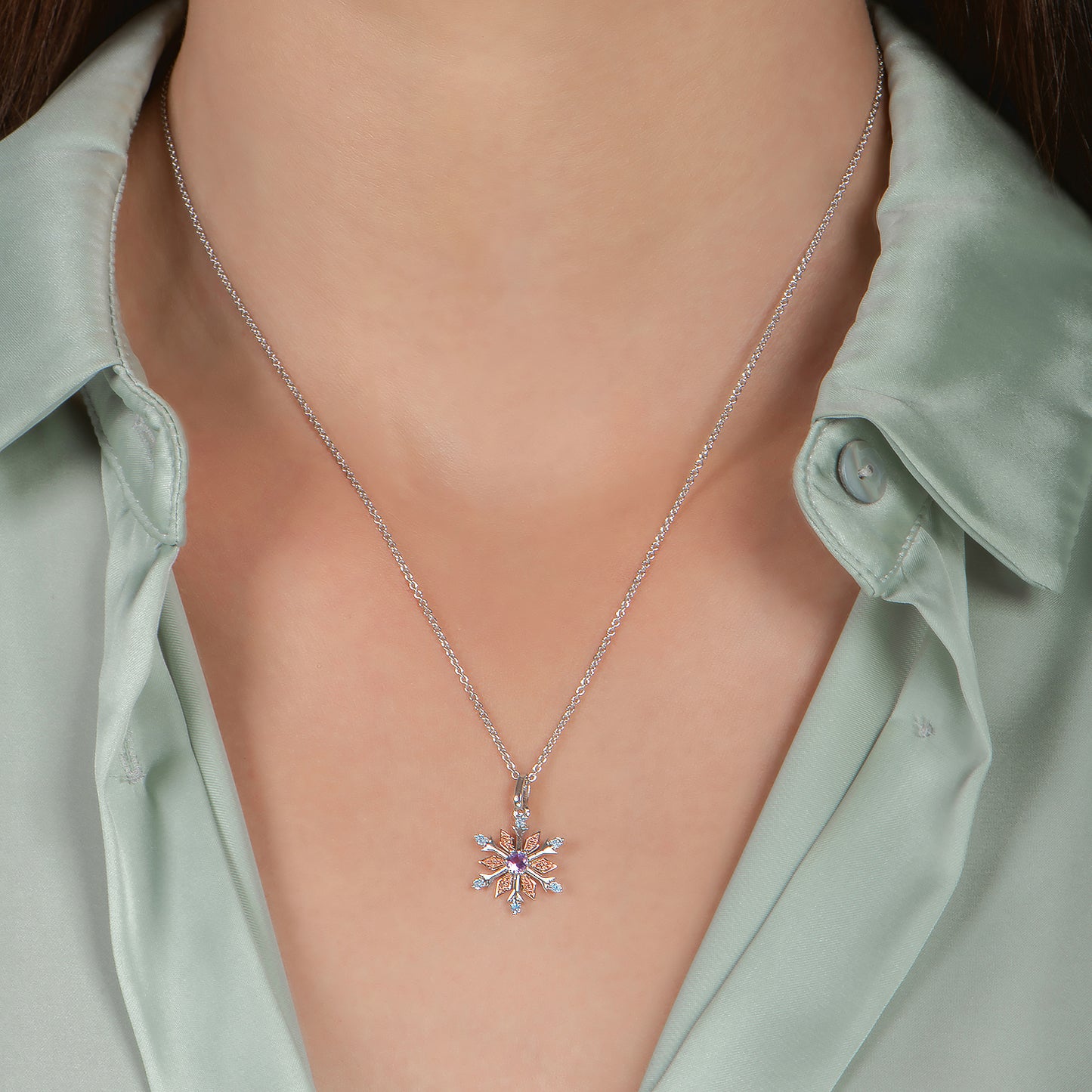 Enchanted Disney Fine Jewelry 14K Rose Gold over Sterling Silver 1/20 CTTW Diamond with Swiss Blue Topaz and Rose De France Elsa Snowflake Pendant Necklace