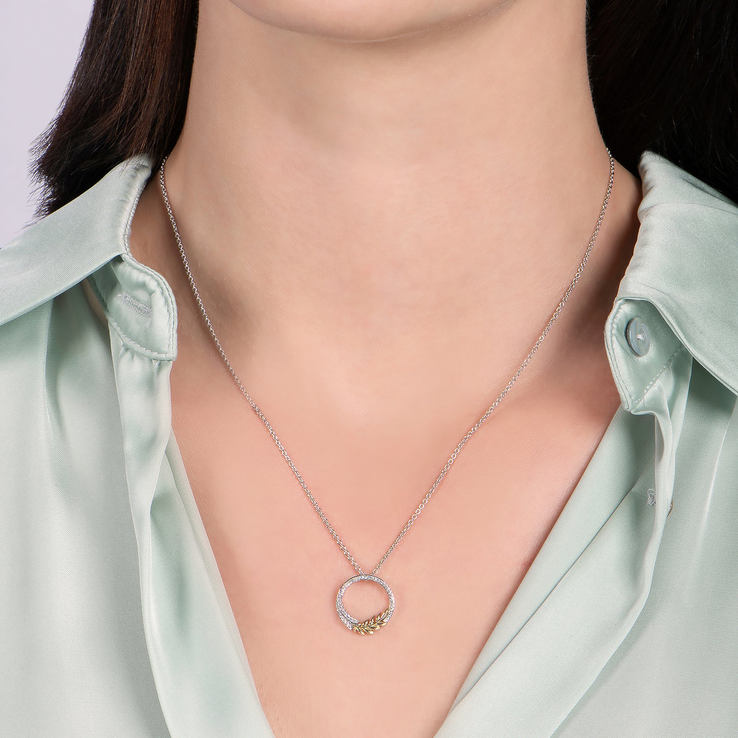 Enchanted Disney Fine Jewelry Sterling Silver and 10K Yellow Gold with 1/10 CTTW Diamond Anna Circle Pendant Necklace