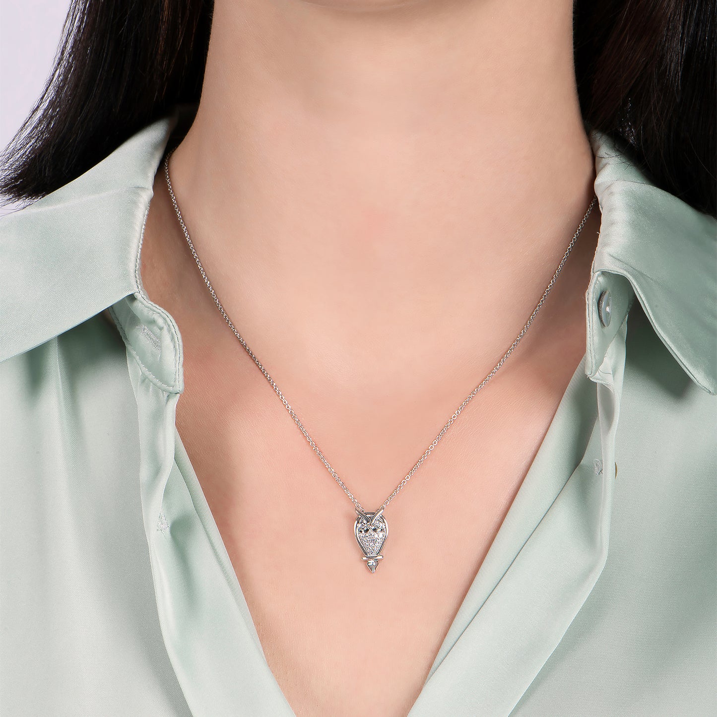Enchanted Disney Fine Jewelry Sterling Silver with 1/10 CTTW Diamond Aurora Owl Pendant Necklace