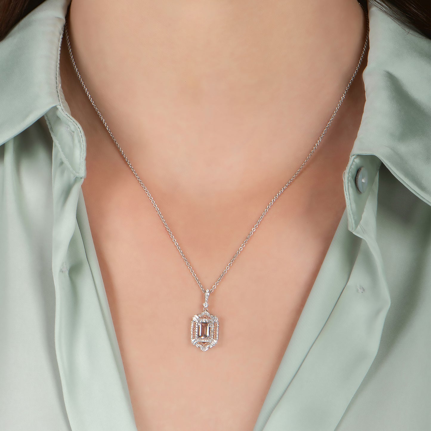 Enchanted Disney Fine Jewelry Sterling Silver and 10K Rose Gold with 1/4 CTTW Diamond And Morganite Aurora Pendant Necklace
