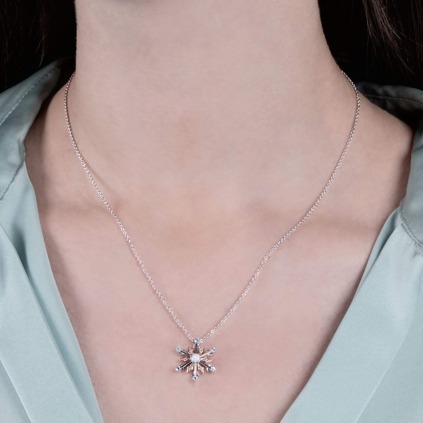 Enchanted Disney Fine Jewelry 14K Rose Gold over Sterling Silver with 1/20 CTTW Diamond with Swiss Blue Topaz And Created Opal Elsa Pendant Necklace
