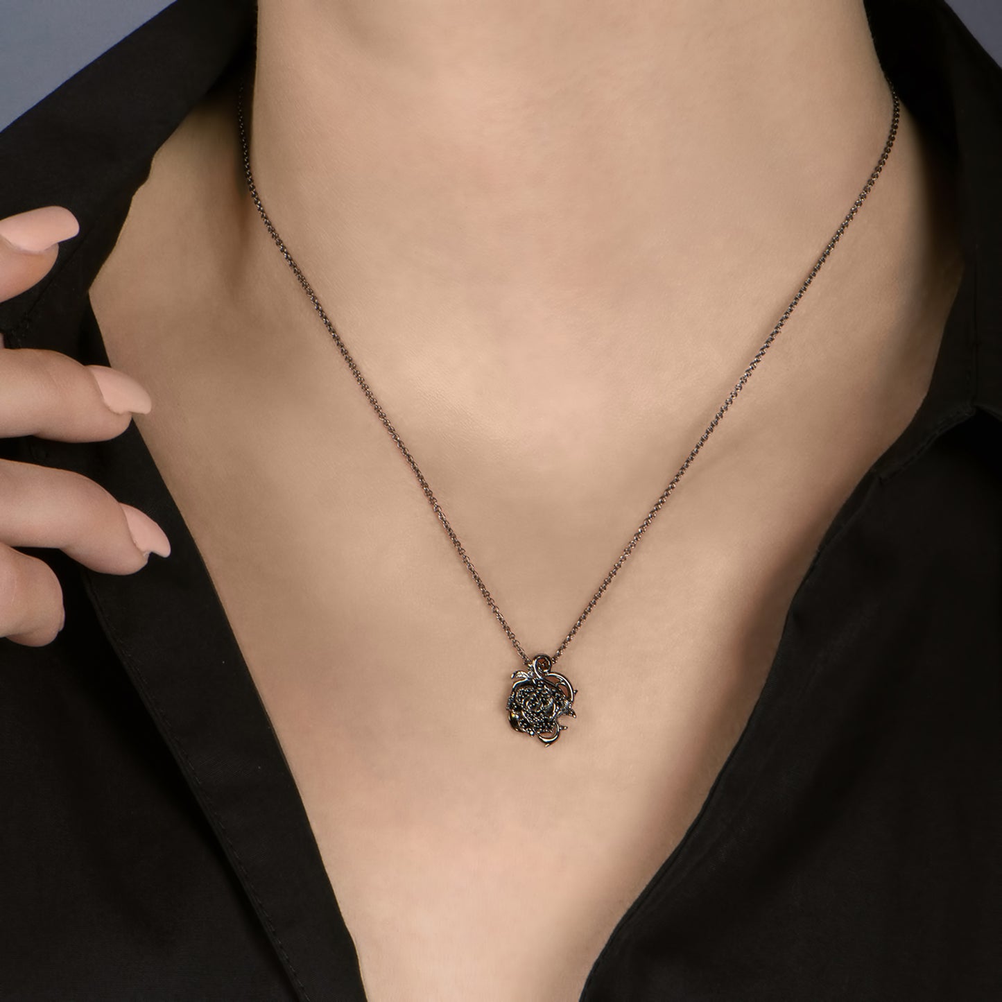 Enchanted Disney Fine Jewelry Black Rhodium over Sterling Silver with 1/5 CTTW Black Diamonds Maleficent Rose Pendant Necklace