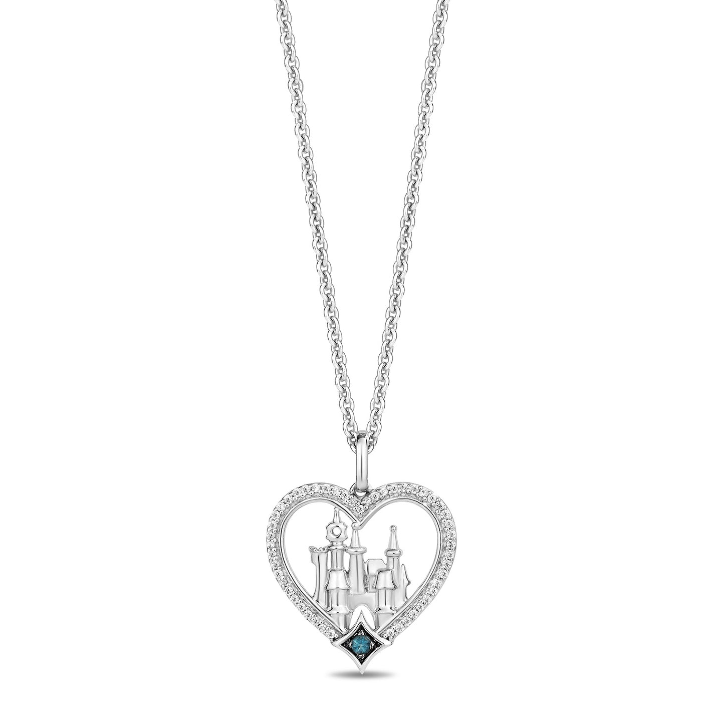 Enchanted Disney Fine Jewelry Sterling Silver with 1/10 CTTW Diamonds and London Blue Topaz Cinderella Castle Pendant Necklace