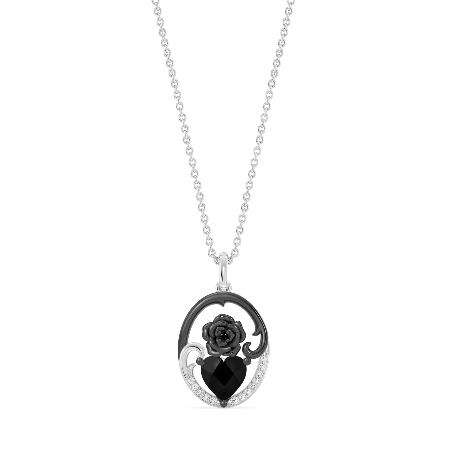 Enchanted Disney Fine Jewelry Black Rhodium over Sterling Silver with 1/20 CTTW Diamonds and Heart Shaped Onyx Maleficent Necklace