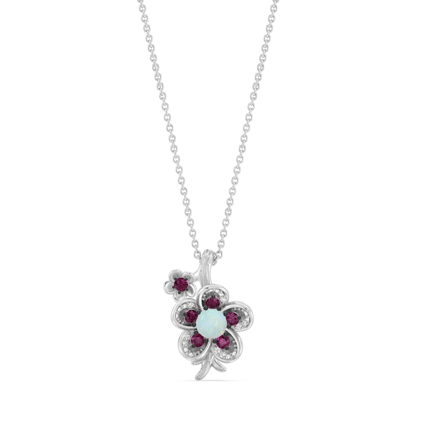 Enchanted Disney Fine Jewelry 10K Rose Gold, Sterling Silver and Black Rhodium with 1/10 CTTW Diamonds, Created Opal and Rhodolite Garnet, Disney Princess Mulan Necklace