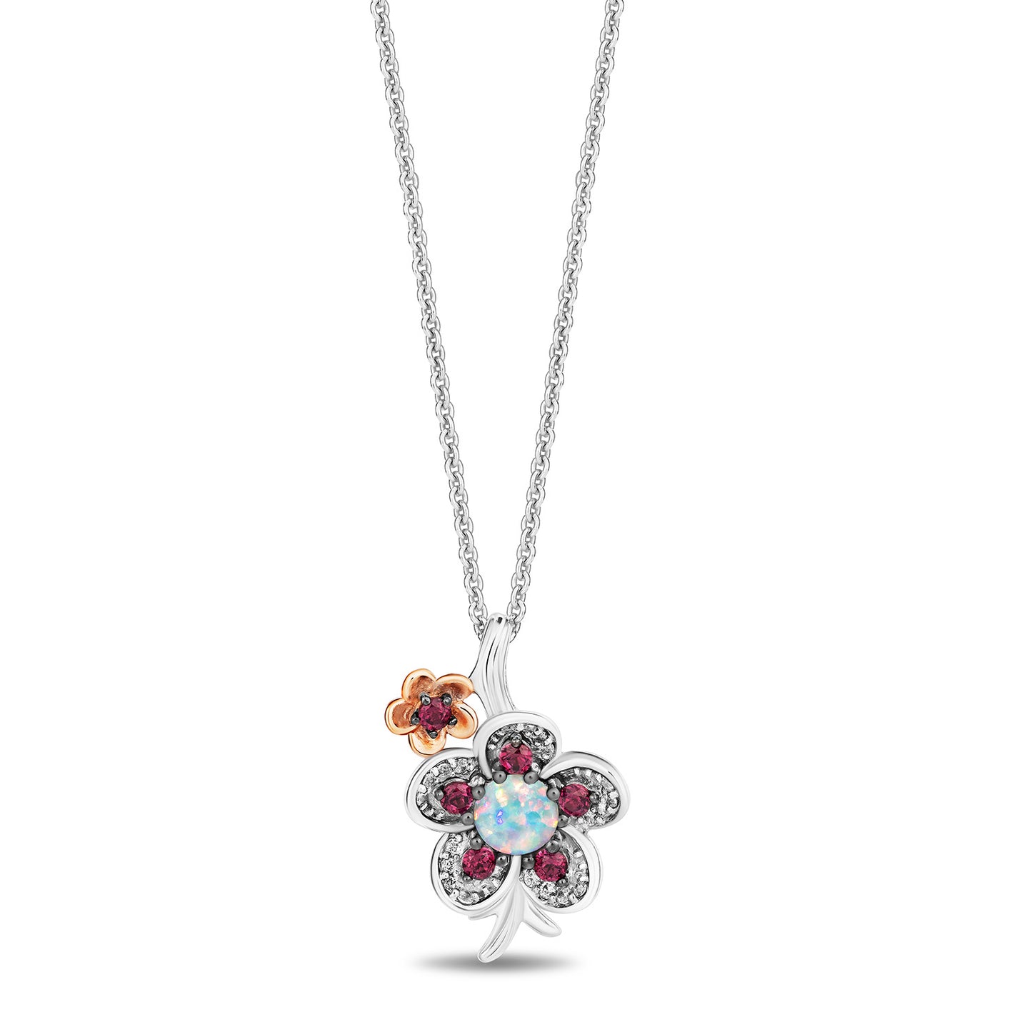 Enchanted Disney Fine Jewelry 14K Rose Gold Over Sterling Silver and 1/10 CTTW Diamonds with Created Opal and Rhodolite Garnet Mulan Necklace
