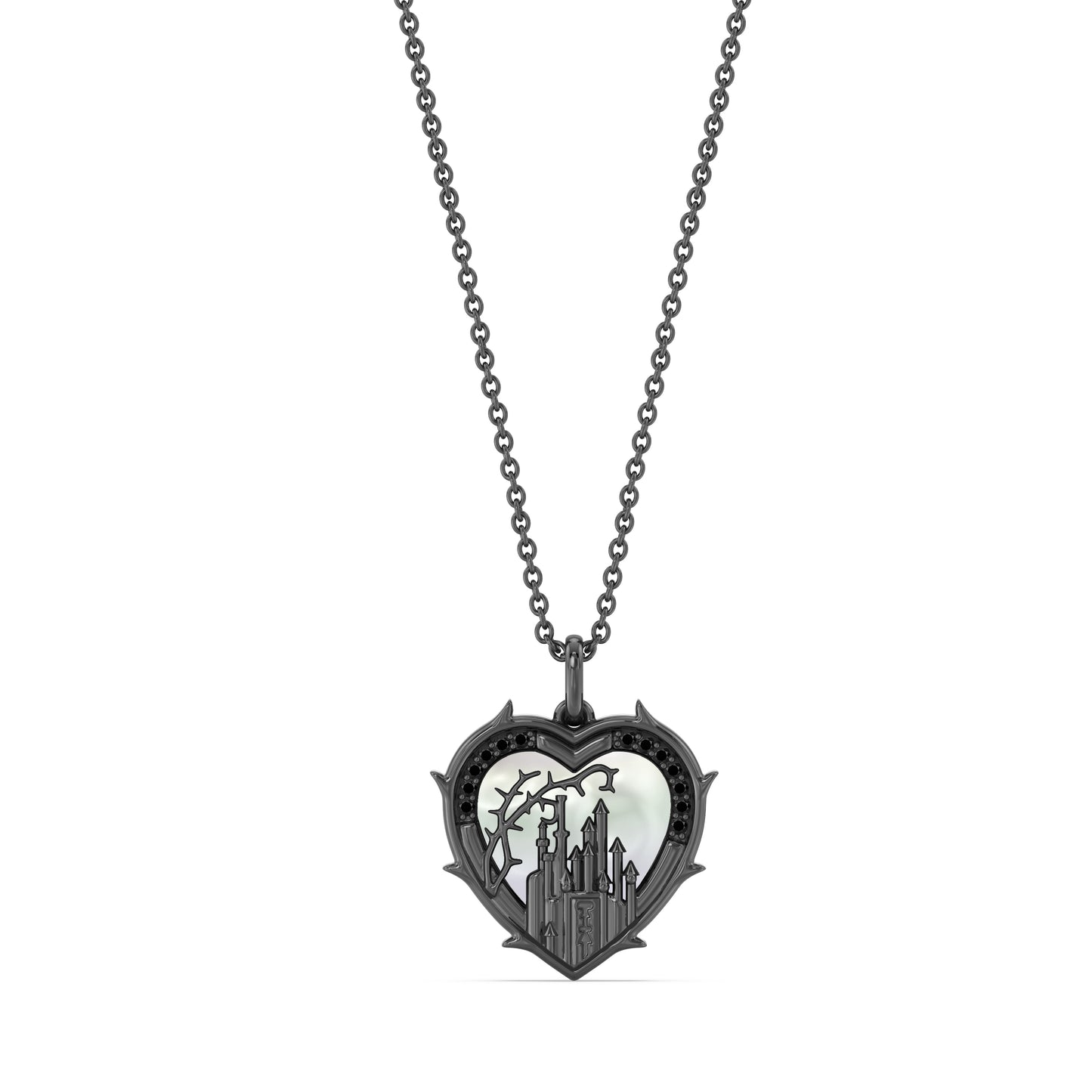 Enchanted Disney Fine Jewelry Black Rhodium over Sterling Silver with 1/10 CTTW Black Diamonds and Mother of Pearl Maleficent Necklace