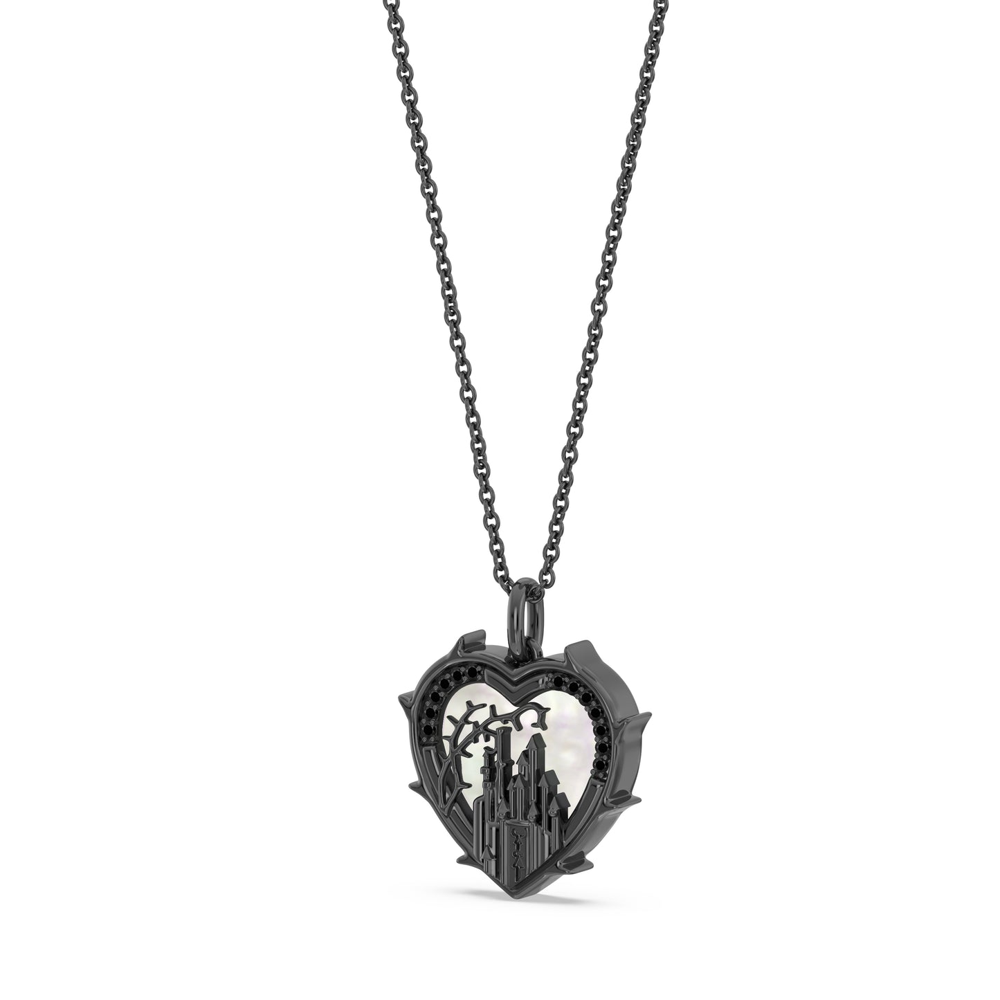 Enchanted Disney Fine Jewelry Black Rhodium over Sterling Silver with 1/10 CTTW Black Diamonds and Mother of Pearl Maleficent Necklace