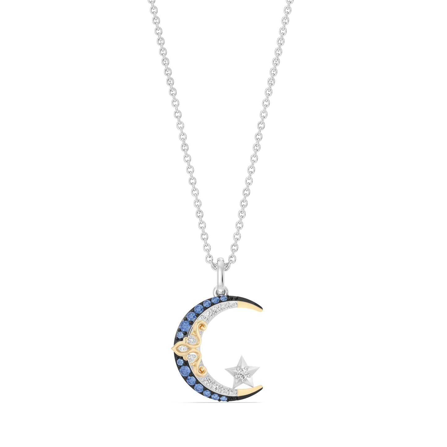 Enchanted Disney Fine Jewelry Sterling Silver and Black Rhodium, 10K Yellow Gold with 1/10 CTTW Diamonds and Swizz Blue Topaz,Disney Princess Jasmine Necklace