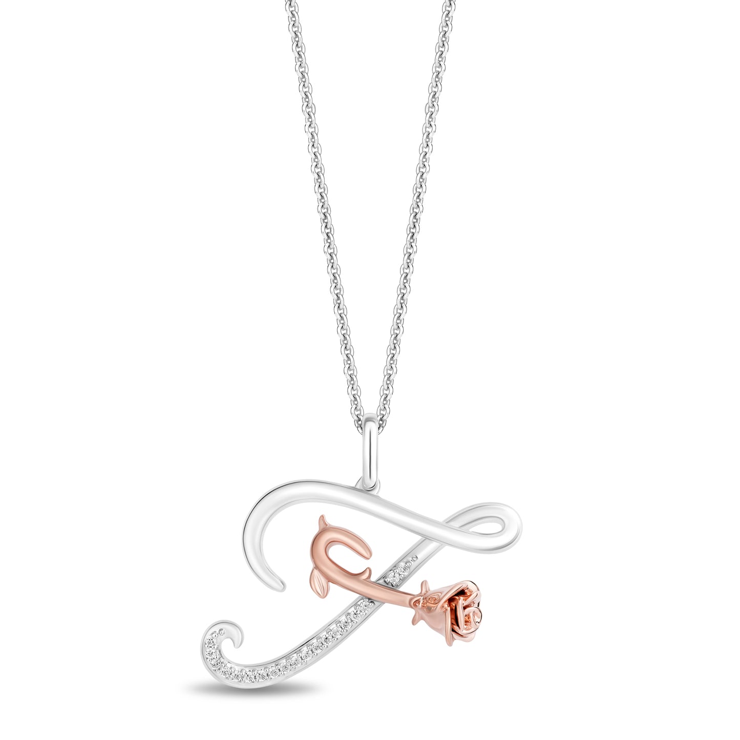 Enchanted Disney Fine Jewelry Sterling Silver and 10K Rose Gold with 1/20 CTTW Diamonds Alphabet 'F' Belle Pendant Necklace
