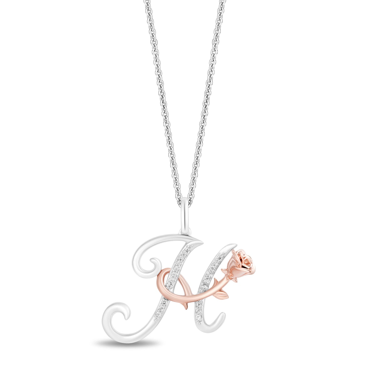 Enchanted Disney Fine Jewelry Sterling Silver and 10K Rose Gold with 1/20 CTTW Diamonds Alphabet 'H' Belle Pendant Necklace