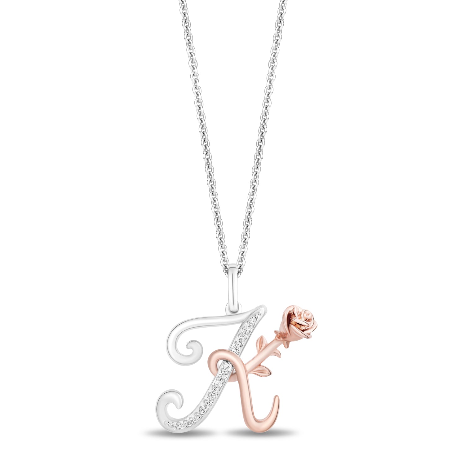 Enchanted Disney Fine Jewelry Sterling Silver and 10K Rose Gold with 1 20 Cttw Diamonds Alphabet K Belle Pendant Necklace