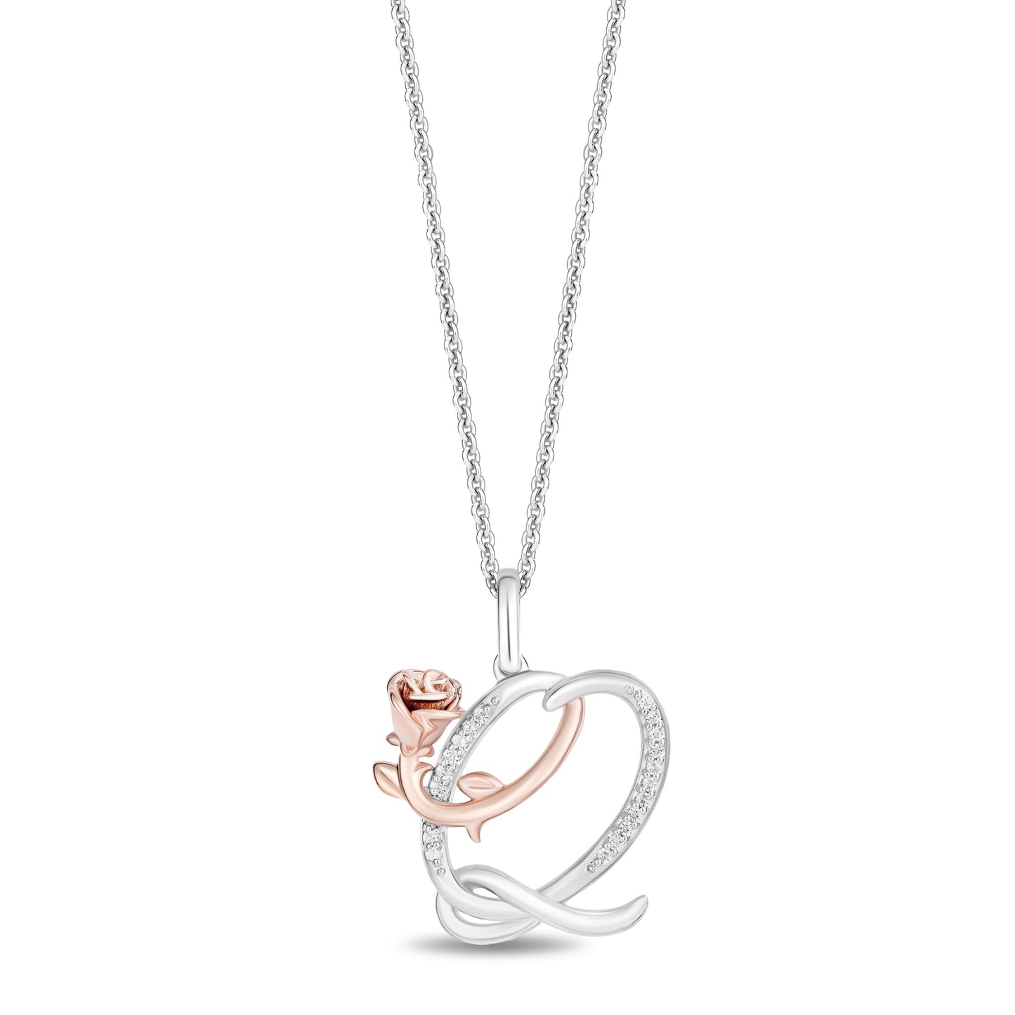 Enchanted Disney Fine Jewelry Sterling Silver and 10K Rose Gold with 1/20 CTTW Diamonds Alphabet 'Q' Belle Pendant Necklace