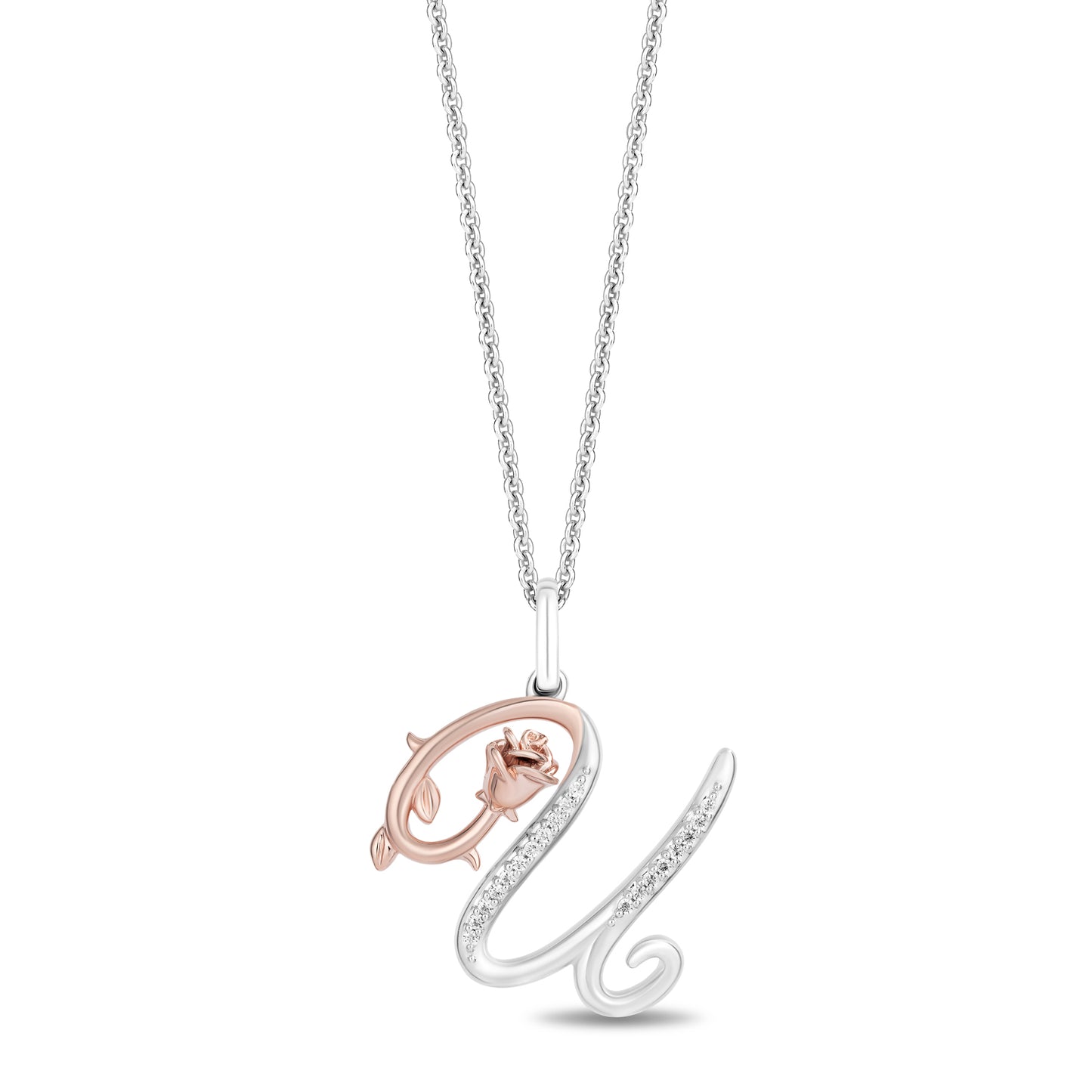 Enchanted Disney Fine Jewelry Sterling Silver and 10K Rose Gold with 1/20 CTTW Diamonds Alphabet 'U' Belle Pendant Necklace