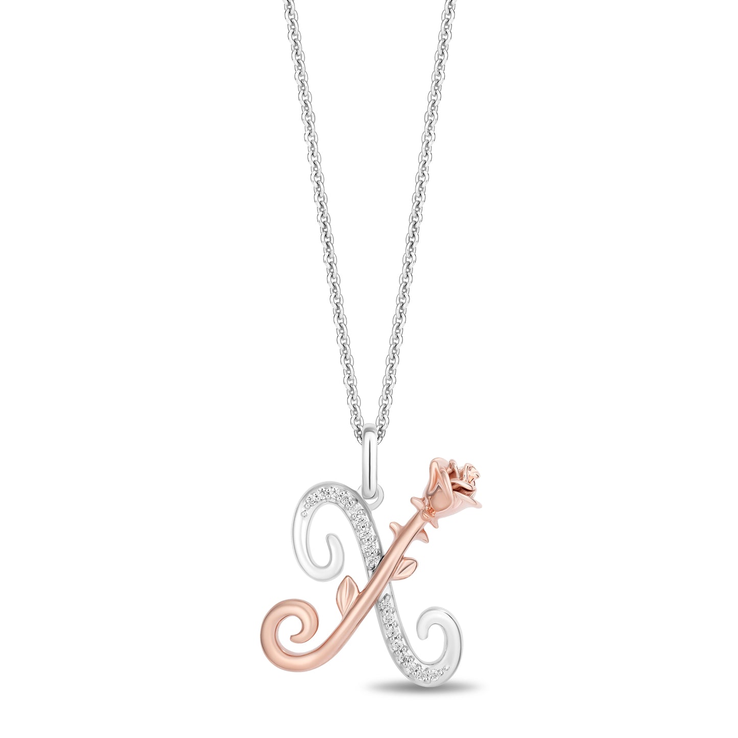 Enchanted Disney Fine Jewelry Sterling Silver and 10K Rose Gold with 1/20 CTTW Diamonds Alphabet 'X' Belle Pendant Necklace