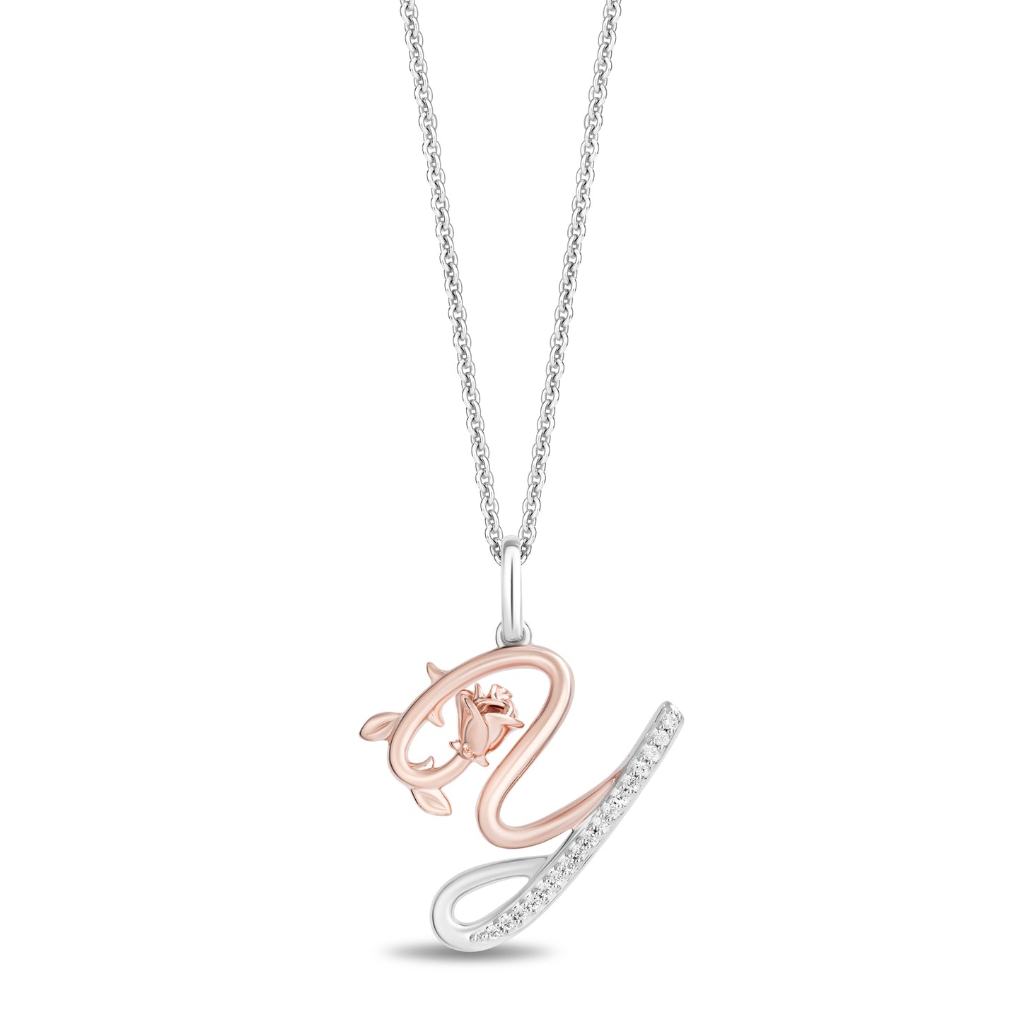 Enchanted Disney Fine Jewelry Sterling Silver and 10K Rose Gold with 1/20 CTTW Diamonds Alphabet 'Y' Belle Pendant Necklace