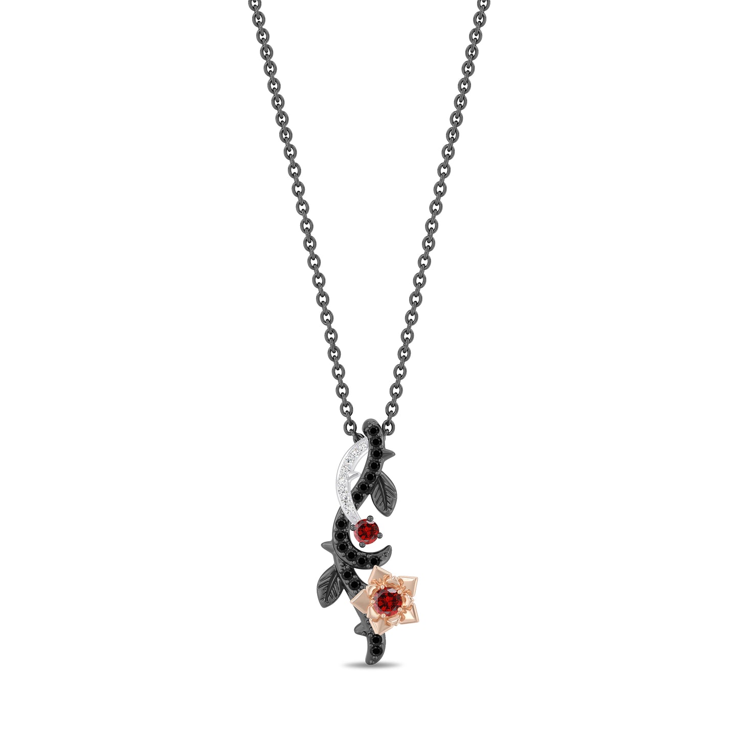 Enchanted Disney Fine Jewelry Black Rhodium and 14K Rose Gold Over Sterling Silver with 1/6 CTTW Diamonds and Garnet Snow white Necklace