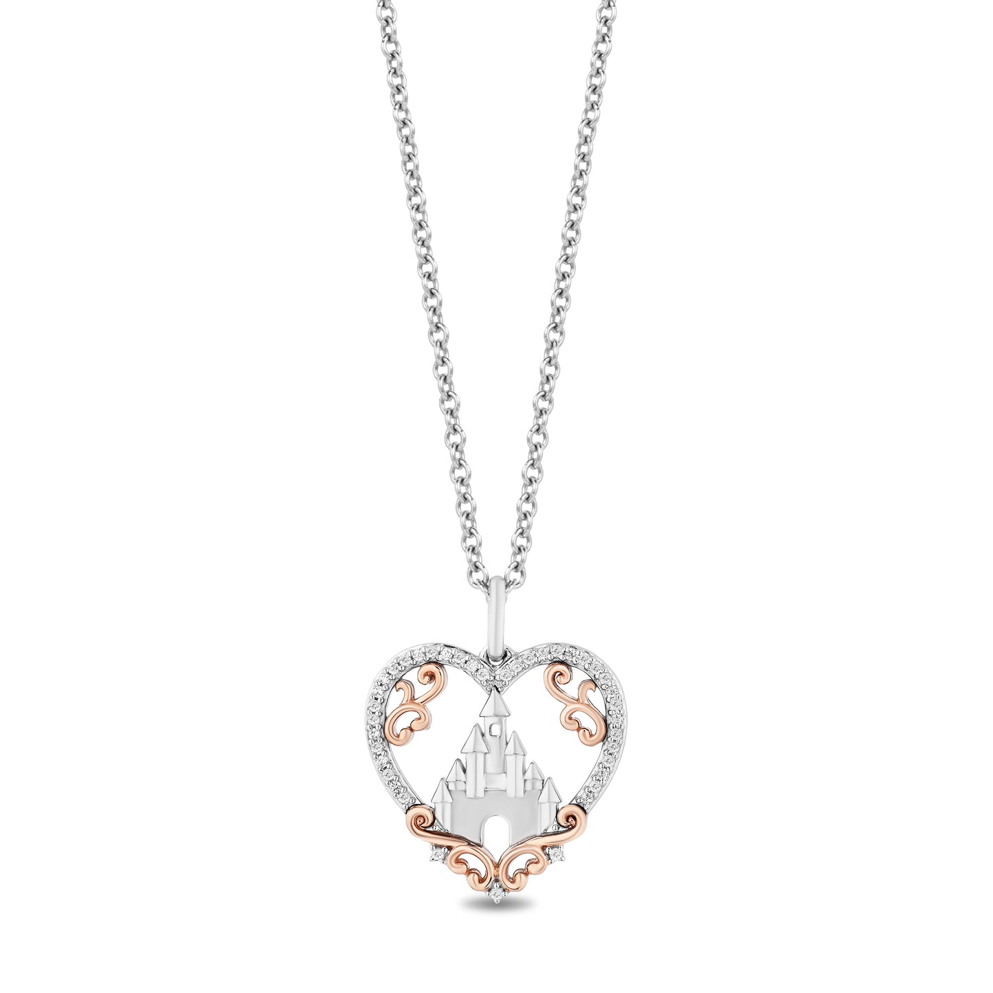 Enchanted Disney Fine Jewelry Sterling Silver and 10K Rose Gold with 1/10 CTTW Diamonds Majestic Princess Heart Castle Pendant Necklace