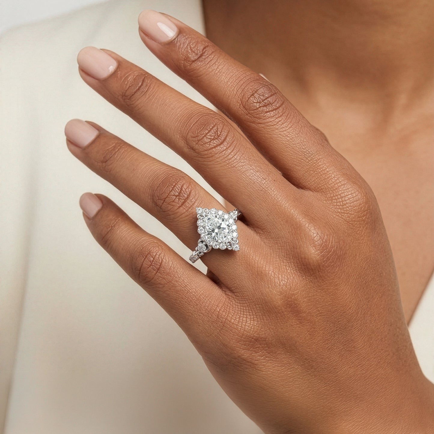 Enchanted Star Oval Lab Grown Diamond Disney princess Cinderella Halo Engagement Ring in 14K White Gold