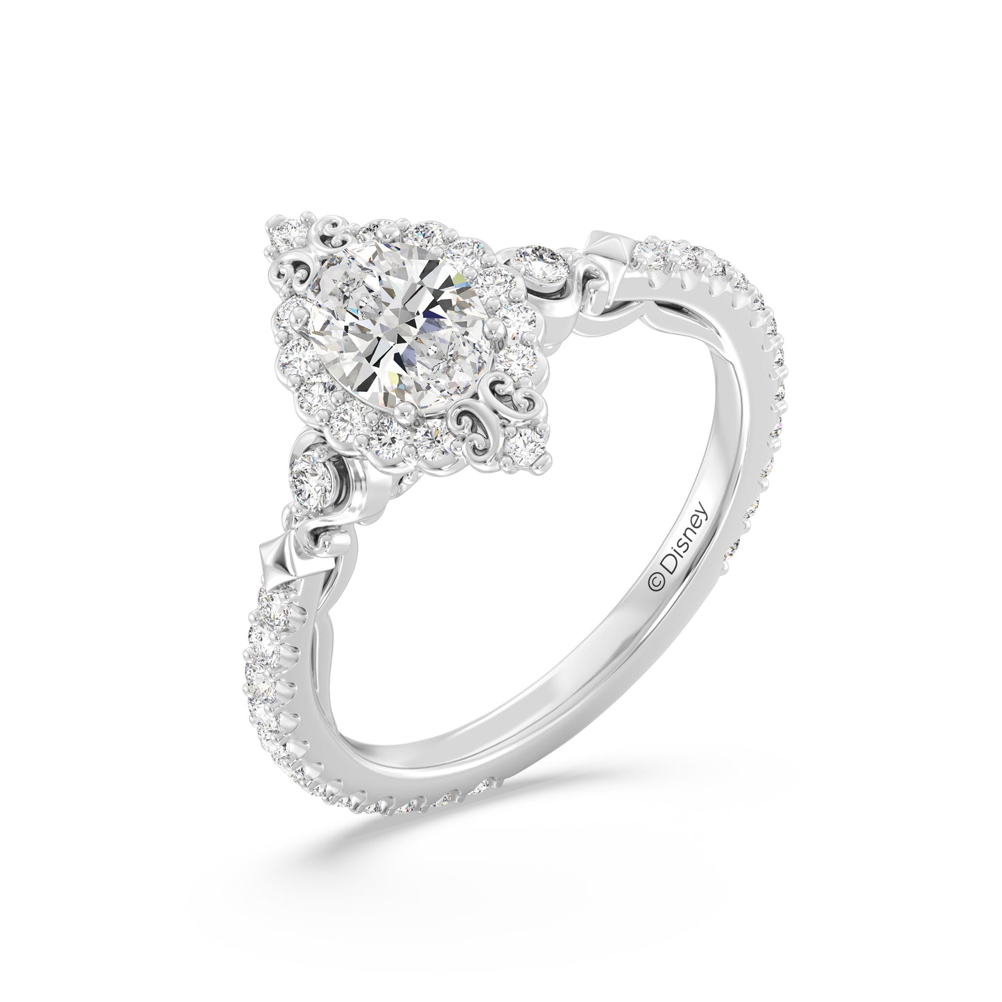 Enchanted Star Oval Lab Grown Diamond Disney princess Cinderella Halo Engagement Ring in 14K White Gold