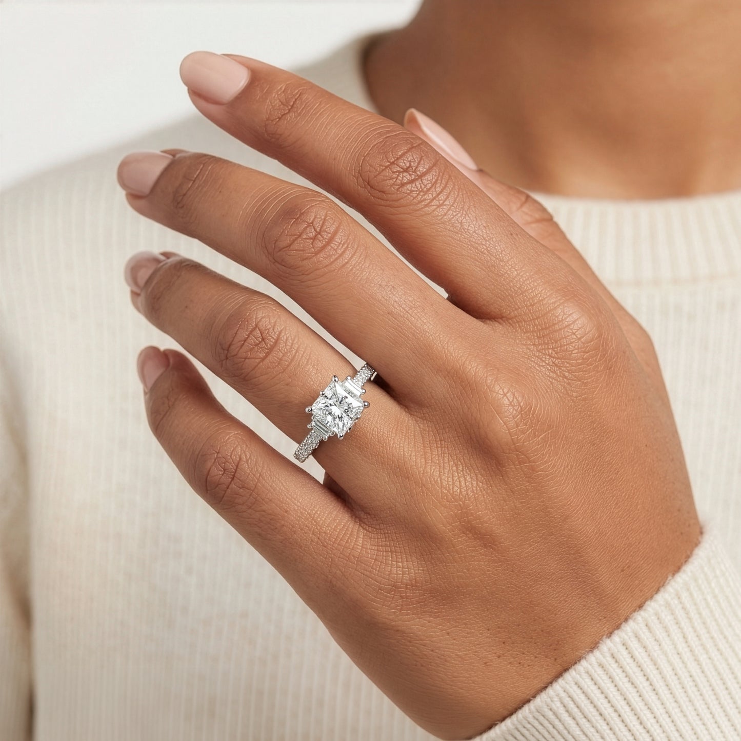 Enchanted Star Princess Cut Lab Grown Diamond Disney Princess Belle Hidden Halo Engagement Ring in 14K White Gold