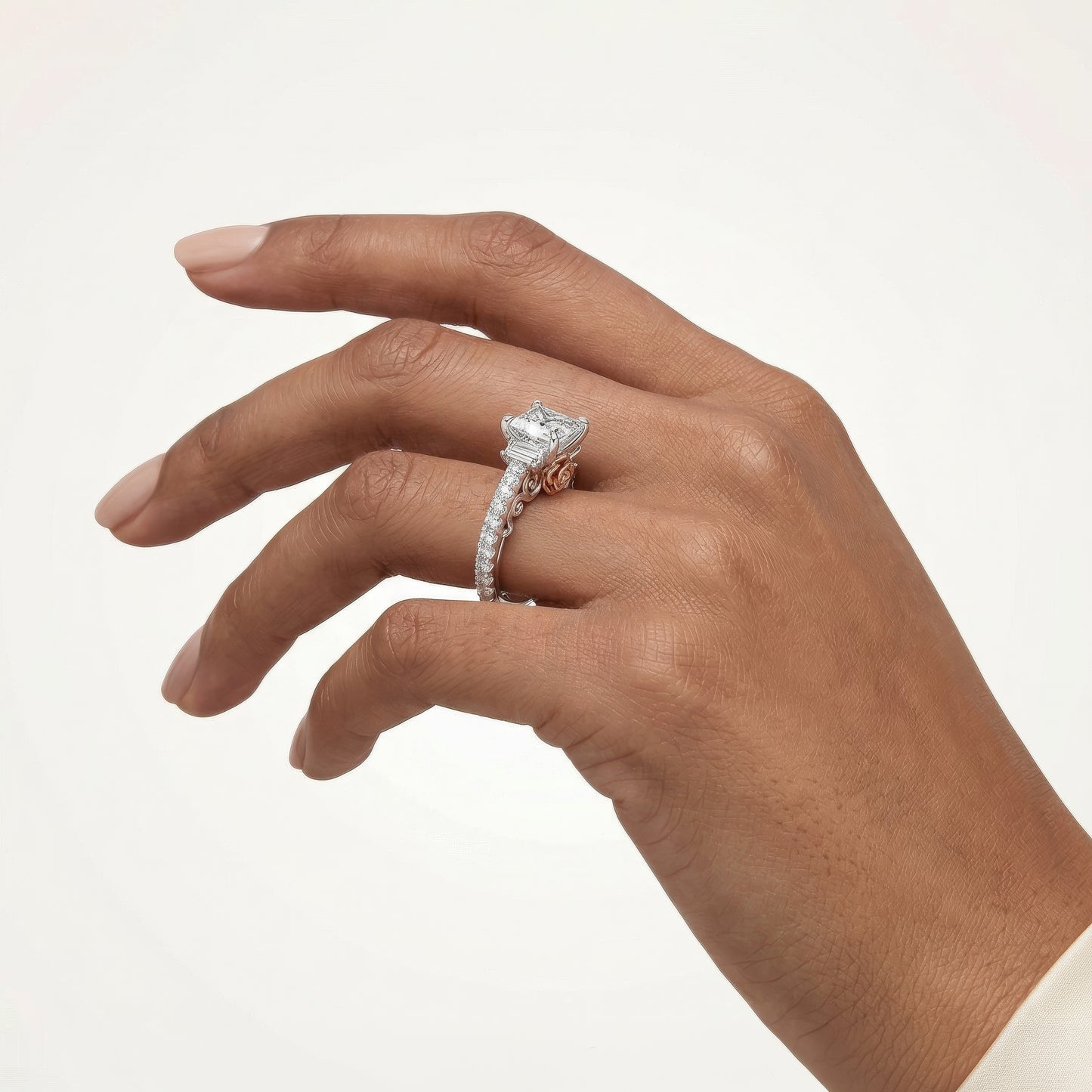 Enchanted Star Princess Cut Lab Grown Diamond Disney Princess Belle Hidden Halo Engagement Ring in 14K White Gold
