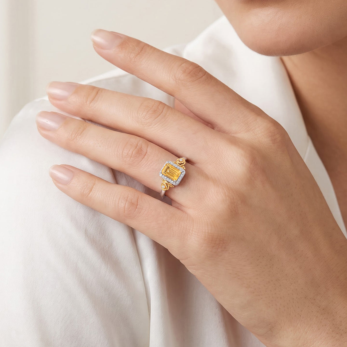 Enchanted Disney Fine Jewelry Sterling Silver and 10K Yellow Gold with 1/10 CTTW Diamonds and Citrine Belle Ring