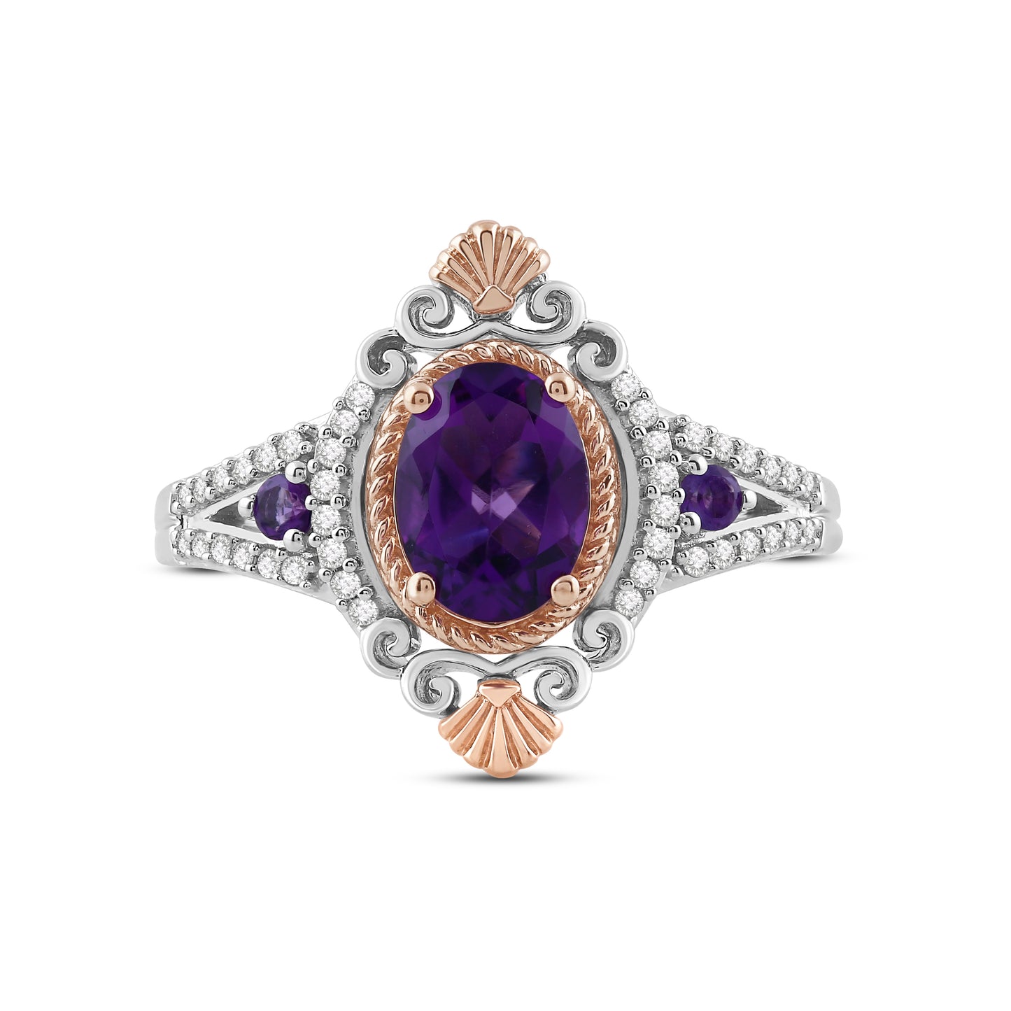 Enchanted Disney Fine Jewelry 14K Rose Gold over Sterling Silver with 1/6 CTTW Diamonds and Amethyst Ariel Ring