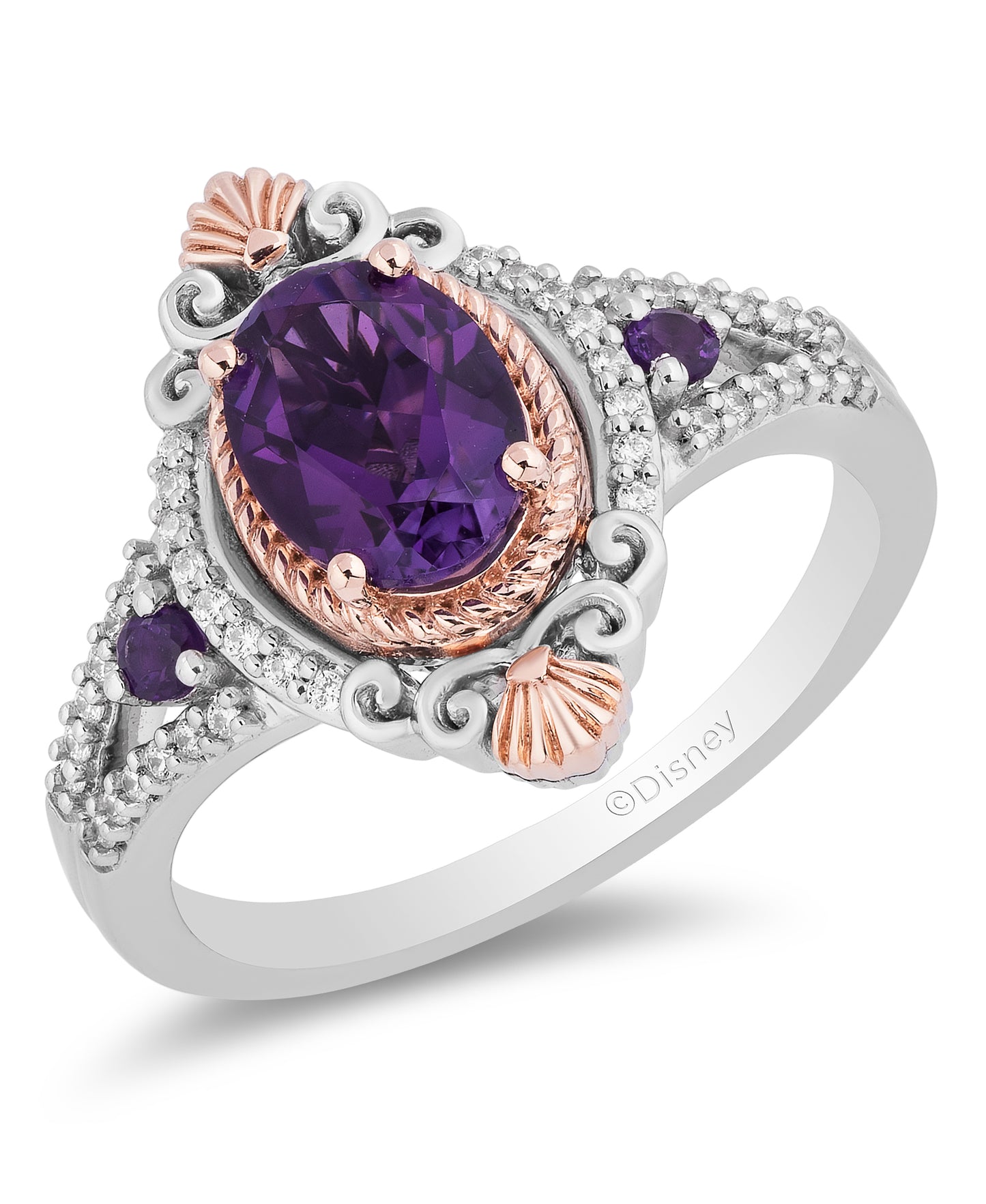 Enchanted Disney Fine Jewelry 14K Rose Gold over Sterling Silver with 1/6 CTTW Diamonds and Amethyst Ariel Ring