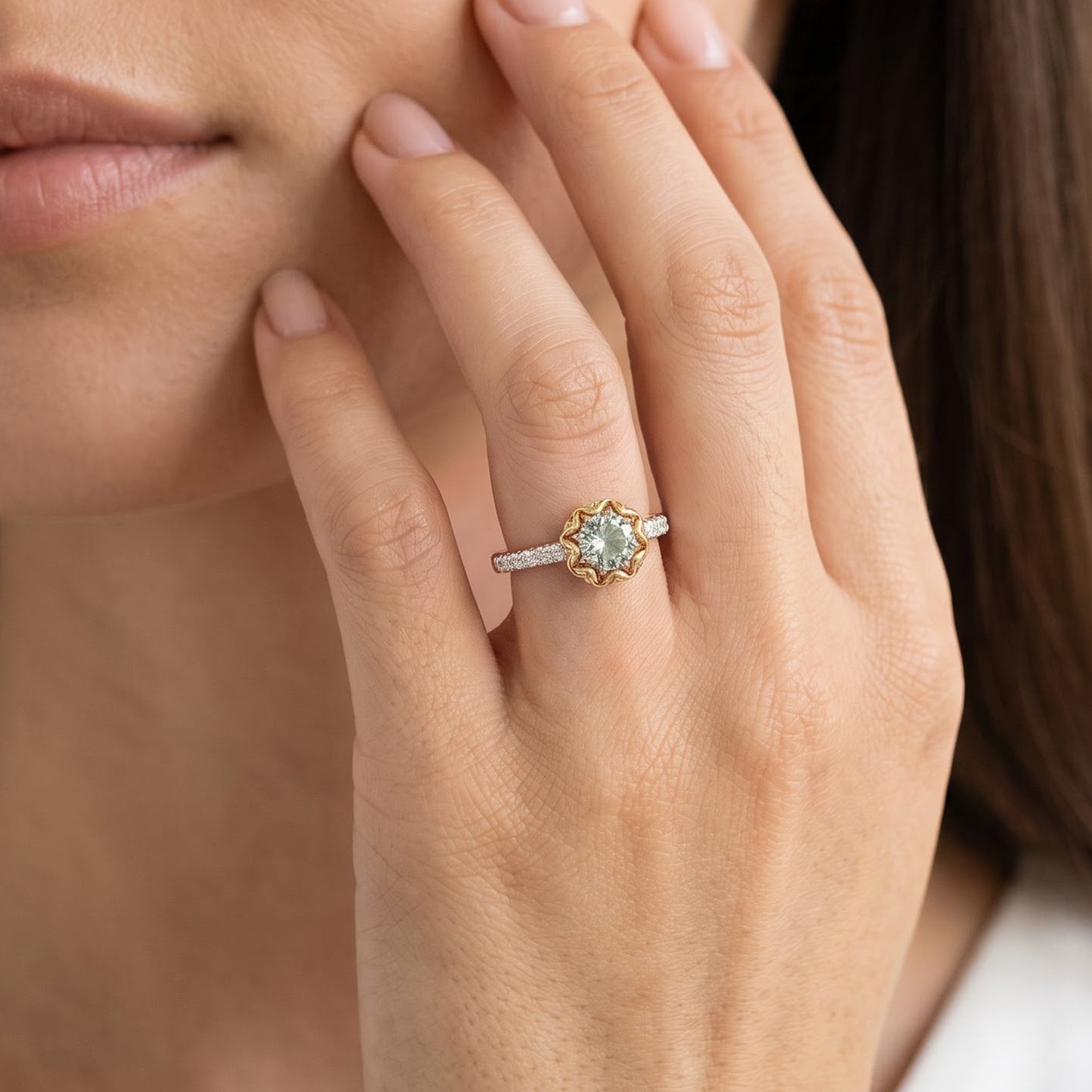 Enchanted Disney Fine Jewelry Sterling Silver and 10K Yellow Gold With 1/8 CTTW Diamond and Round Green Amethyst Tiana Ring
