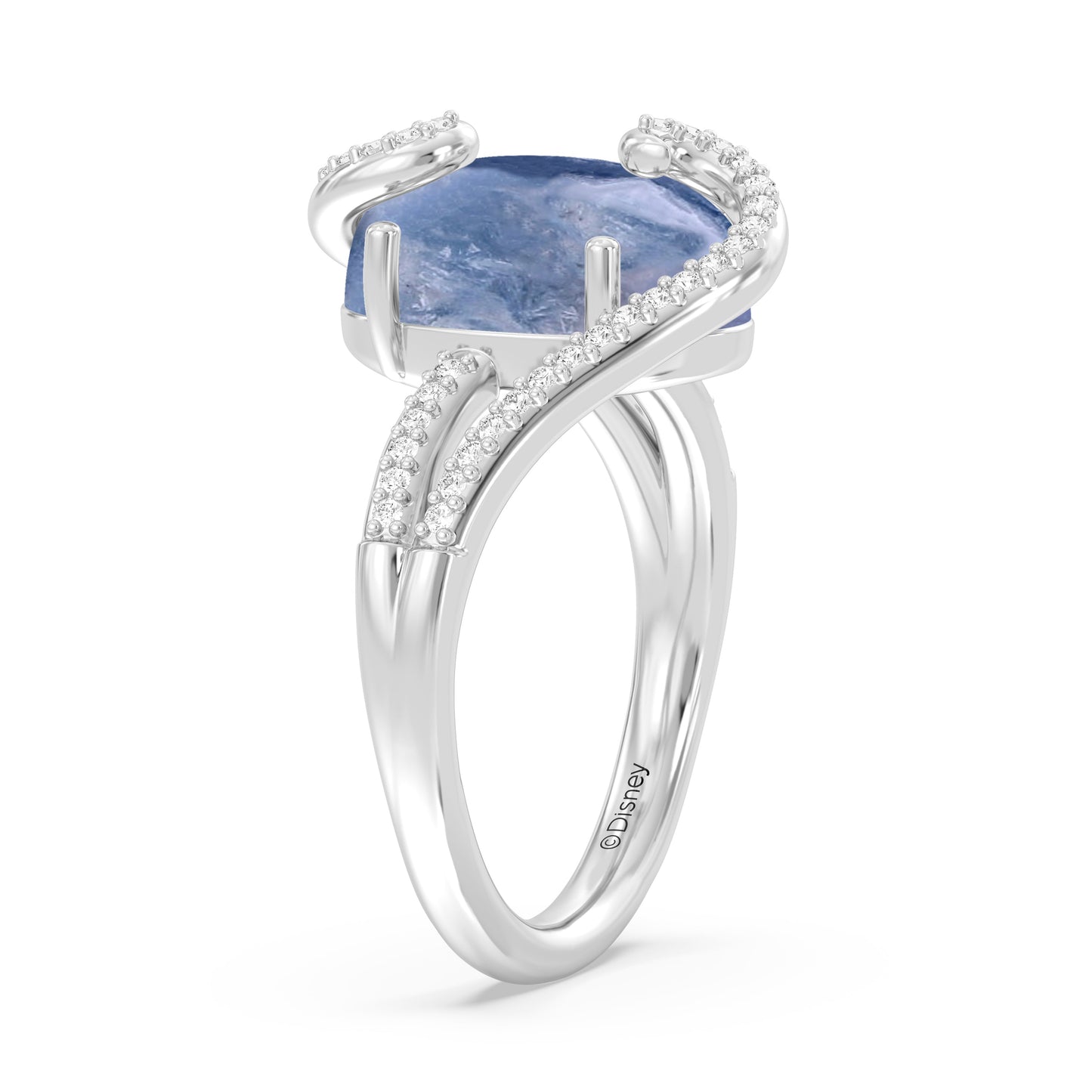 Enchanted Disney Fine Jewelry Sterling Silver with 1/5 CTTW Diamonds and Oval Blue Shee Lite, Disney Princess Moana Ring