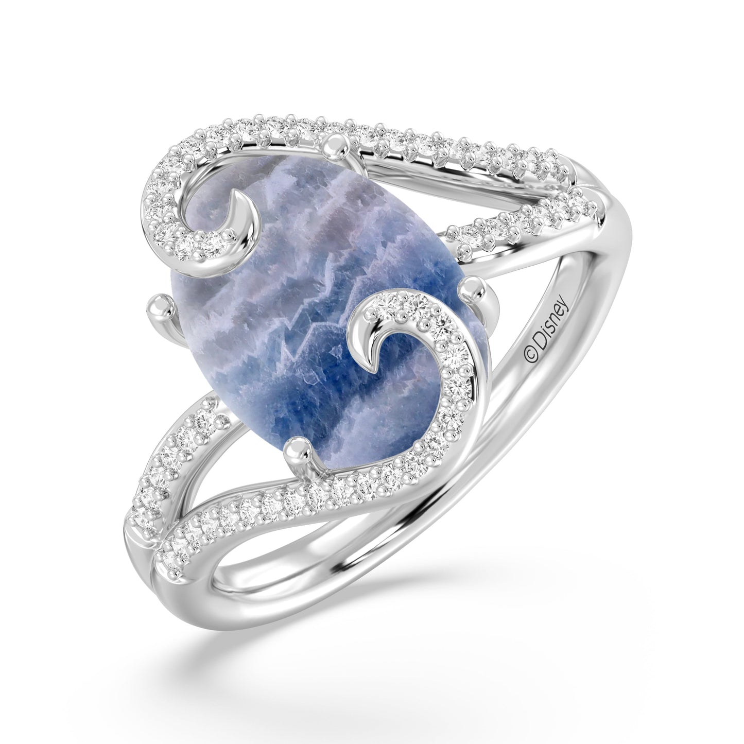 Enchanted Disney Fine Jewelry Sterling Silver with 1/5 CTTW Diamonds and Oval Blue Shee Lite, Disney Princess Moana Ring