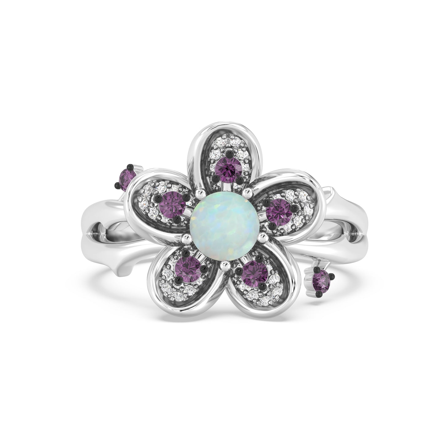 Enchanted Disney Fine Jewelry Black Rhodium over Sterling Silver with 1/6 CTTW Diamonds Opal and Rhodolite Garnet Mulan Ring