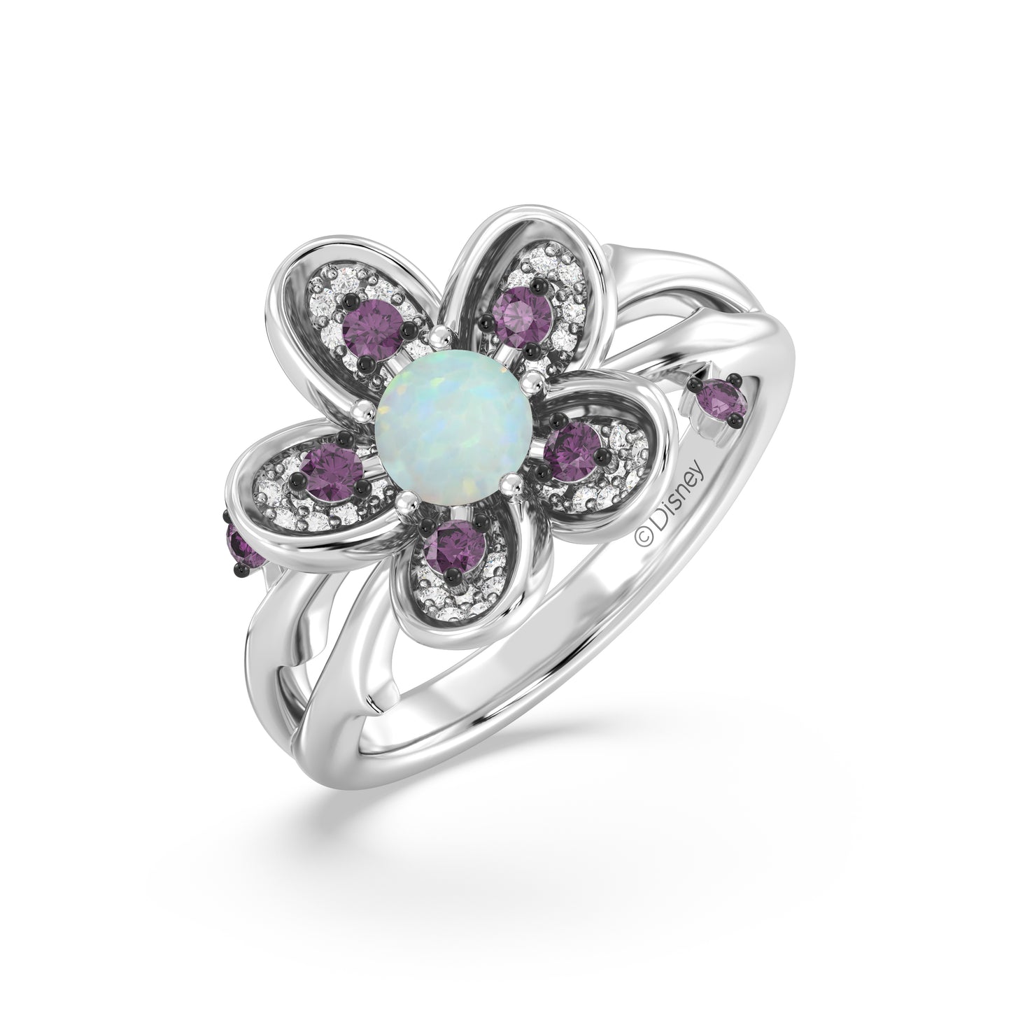 Enchanted Disney Fine Jewelry Black Rhodium over Sterling Silver with 1/6 CTTW Diamonds Opal and Rhodolite Garnet Mulan Ring