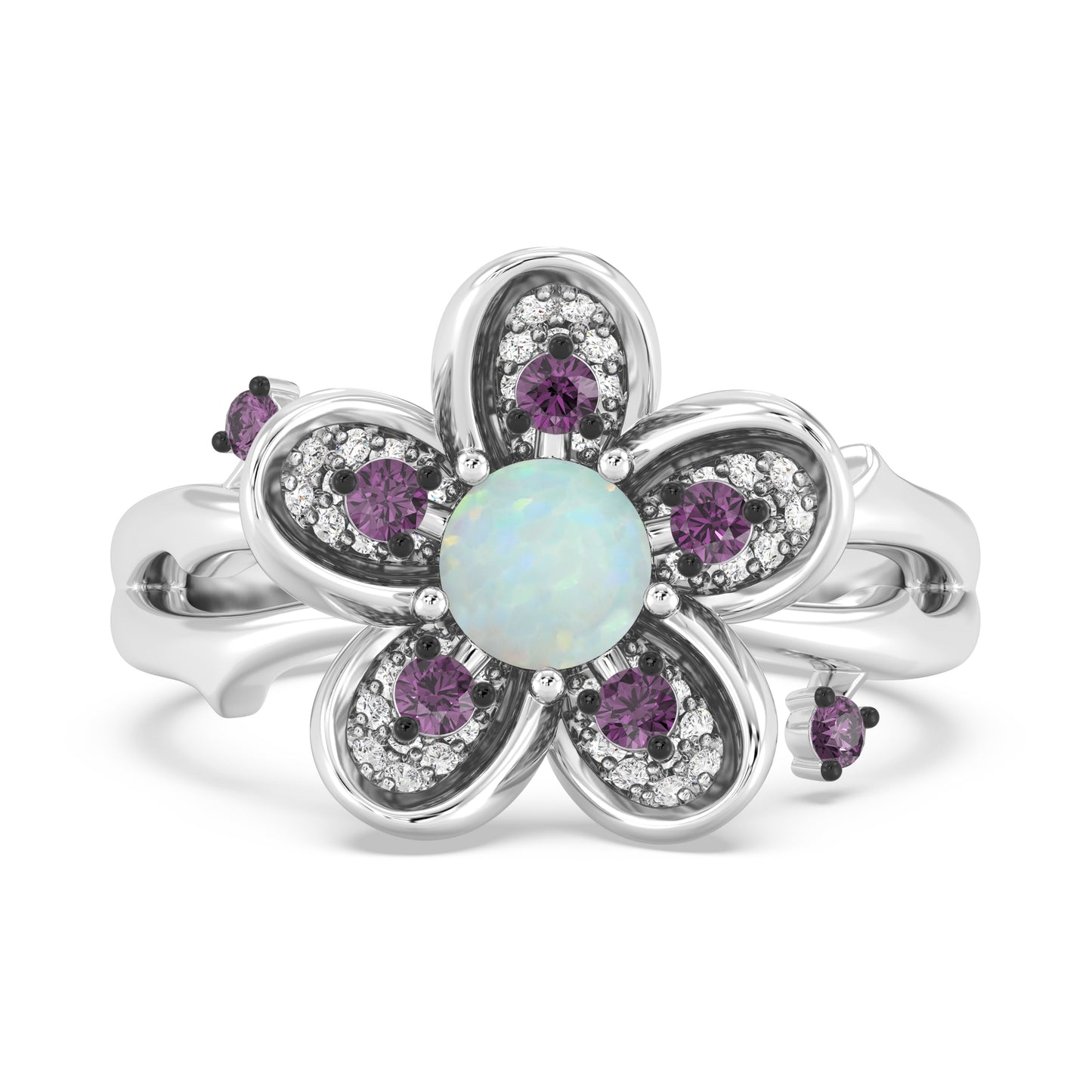 Enchanted Disney Fine Jewelry Sterling Silver and Black Rhodium with 1/6 CTTW Diamonds, Opal and Rhodolite Garnet, Disney Princess Mulan Ring