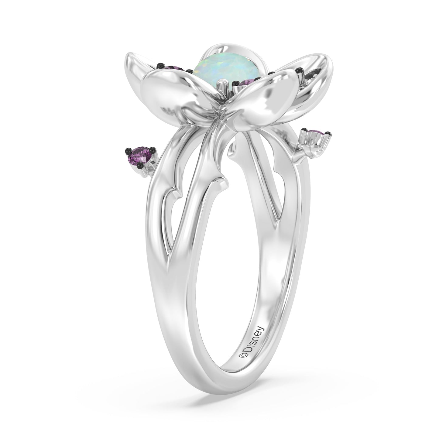 Enchanted Disney Fine Jewelry Sterling Silver and Black Rhodium with 1/6 CTTW Diamonds, Opal and Rhodolite Garnet, Disney Princess Mulan Ring