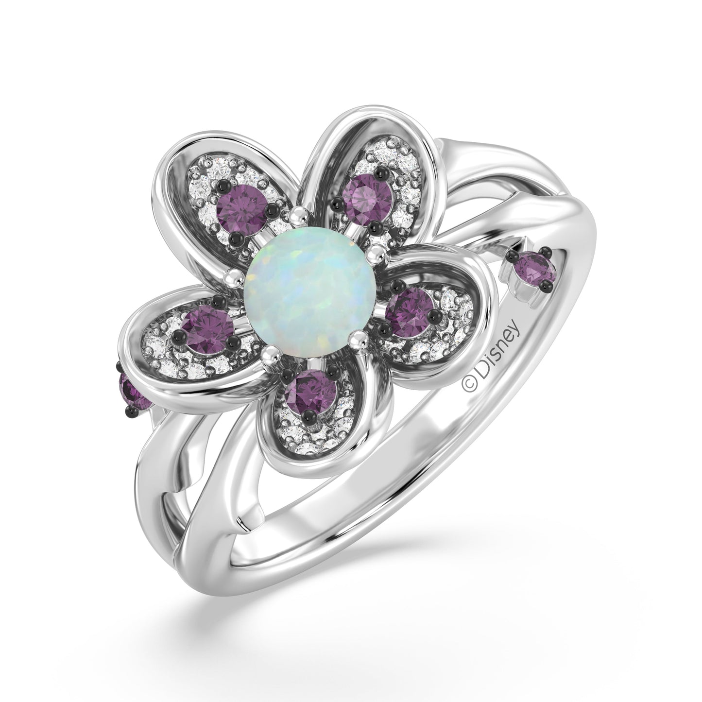 Enchanted Disney Fine Jewelry Sterling Silver and Black Rhodium with 1/6 CTTW Diamonds, Opal and Rhodolite Garnet, Disney Princess Mulan Ring