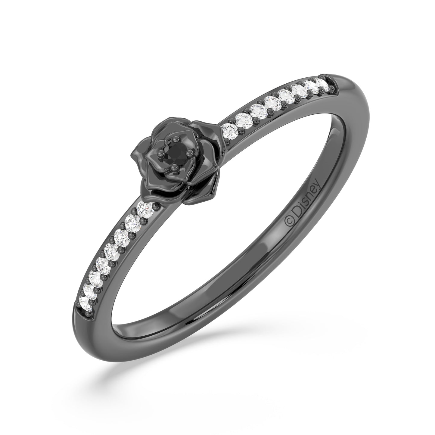 Enchanted Disney Fine Jewelry Black Rhodium over Sterling Silver with 1/20 CTTW Black & White Diamonds, Disney Villain Maleficent Ring