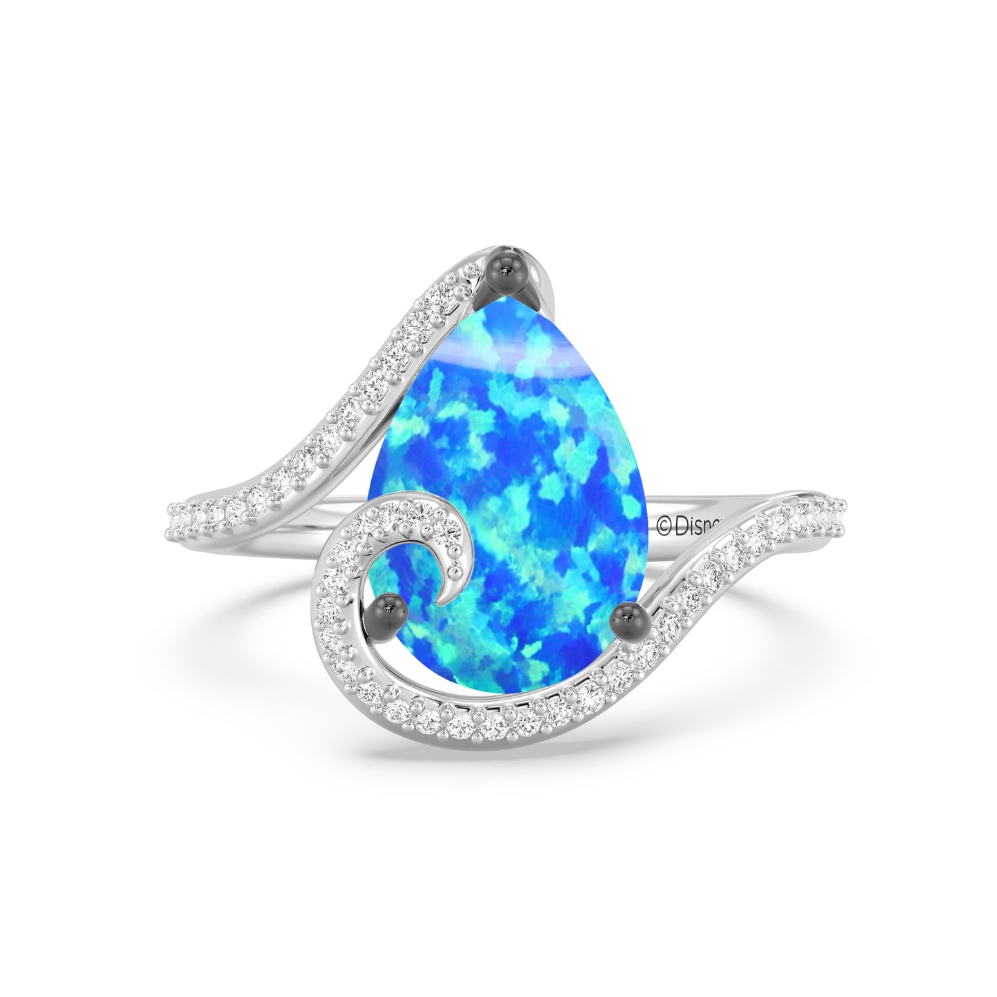 Enchanted Disney Fine Jewelry Black Rhodium over Sterling Silver with 1/5 CTTW Diamonds and Created Pear-Shaped Blue Opal Moana Ring