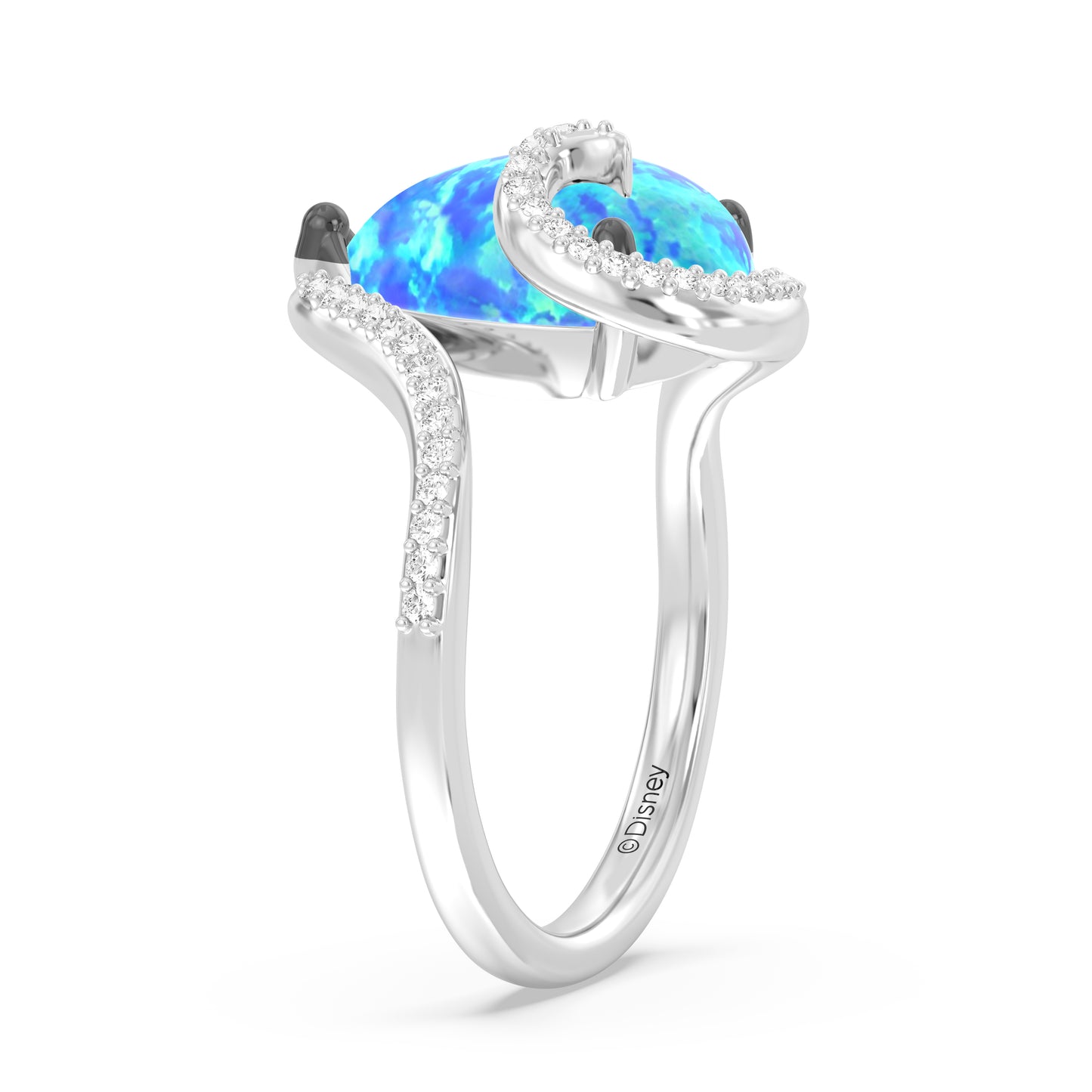 Enchanted Disney Fine Jewelry Black Rhodium over Sterling Silver with 1/5 CTTW Diamonds and Created Pear-Shaped Blue Opal Moana Ring