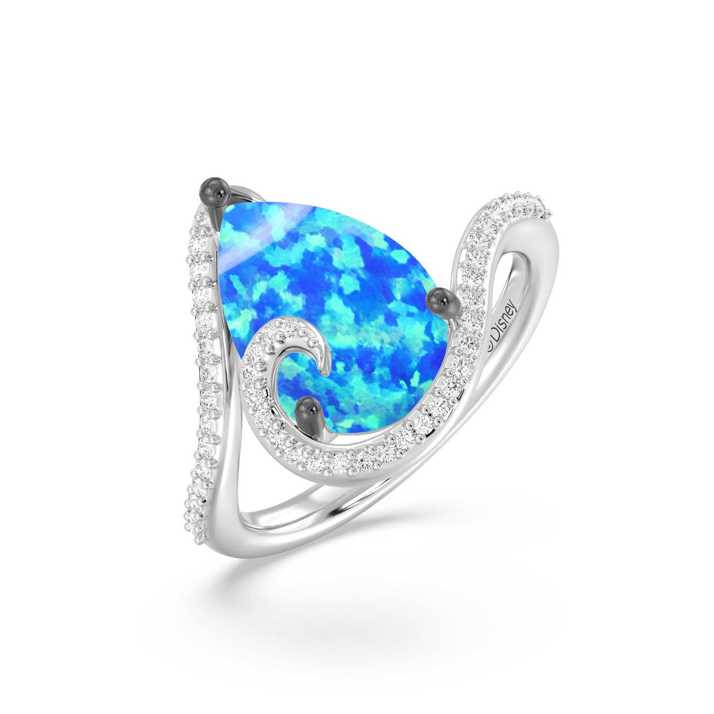 Enchanted Disney Fine Jewelry Black Rhodium over Sterling Silver with 1/5 CTTW Diamonds and Created Pear-Shaped Blue Opal Moana Ring