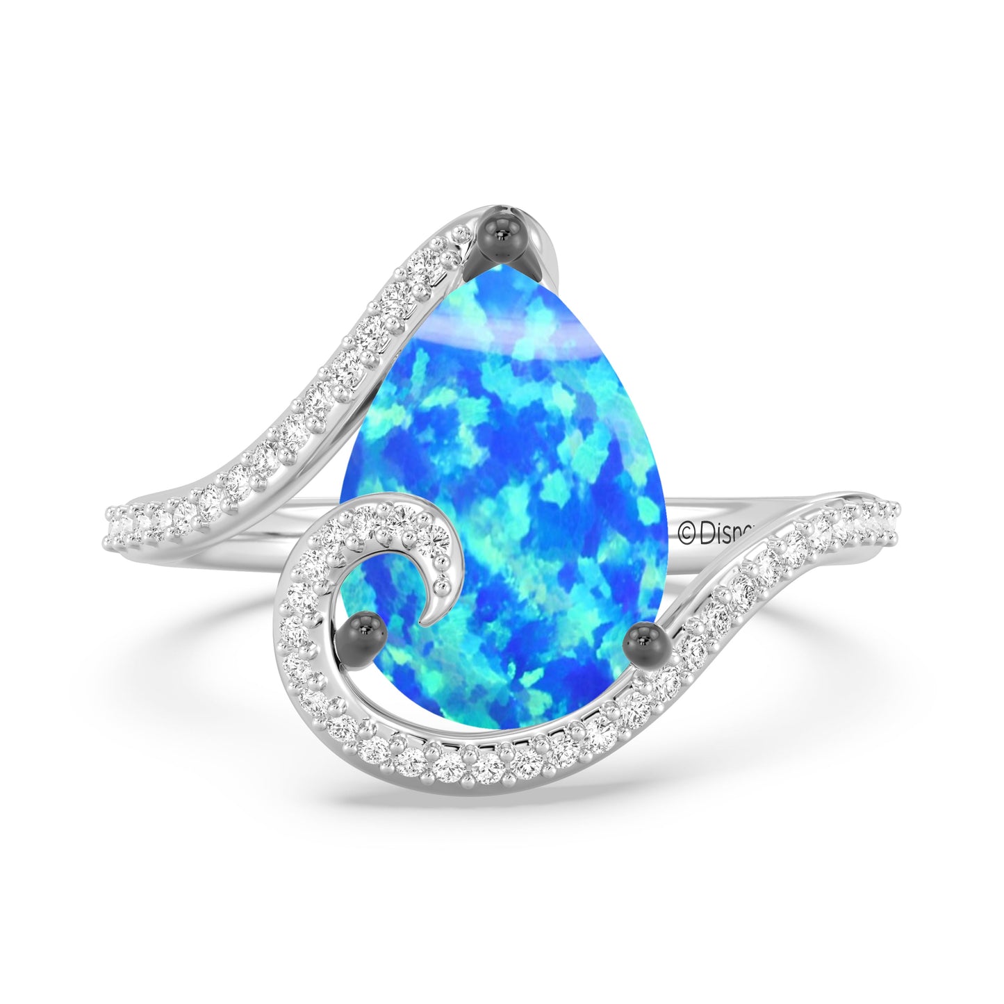 Enchanted Disney Fine Jewelry Sterling Silver and Black Rhodium with 1/5 CTTW Diamonds and Created Pear-Shaped Blue Opal, Disney Princess Moana Ring