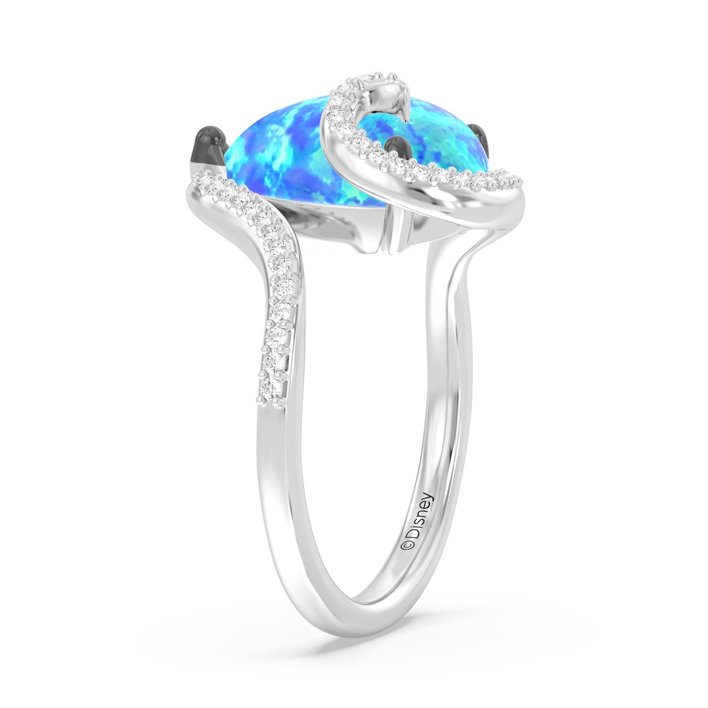 Enchanted Disney Fine Jewelry Sterling Silver and Black Rhodium with 1/5 CTTW Diamonds and Created Pear-Shaped Blue Opal, Disney Princess Moana Ring