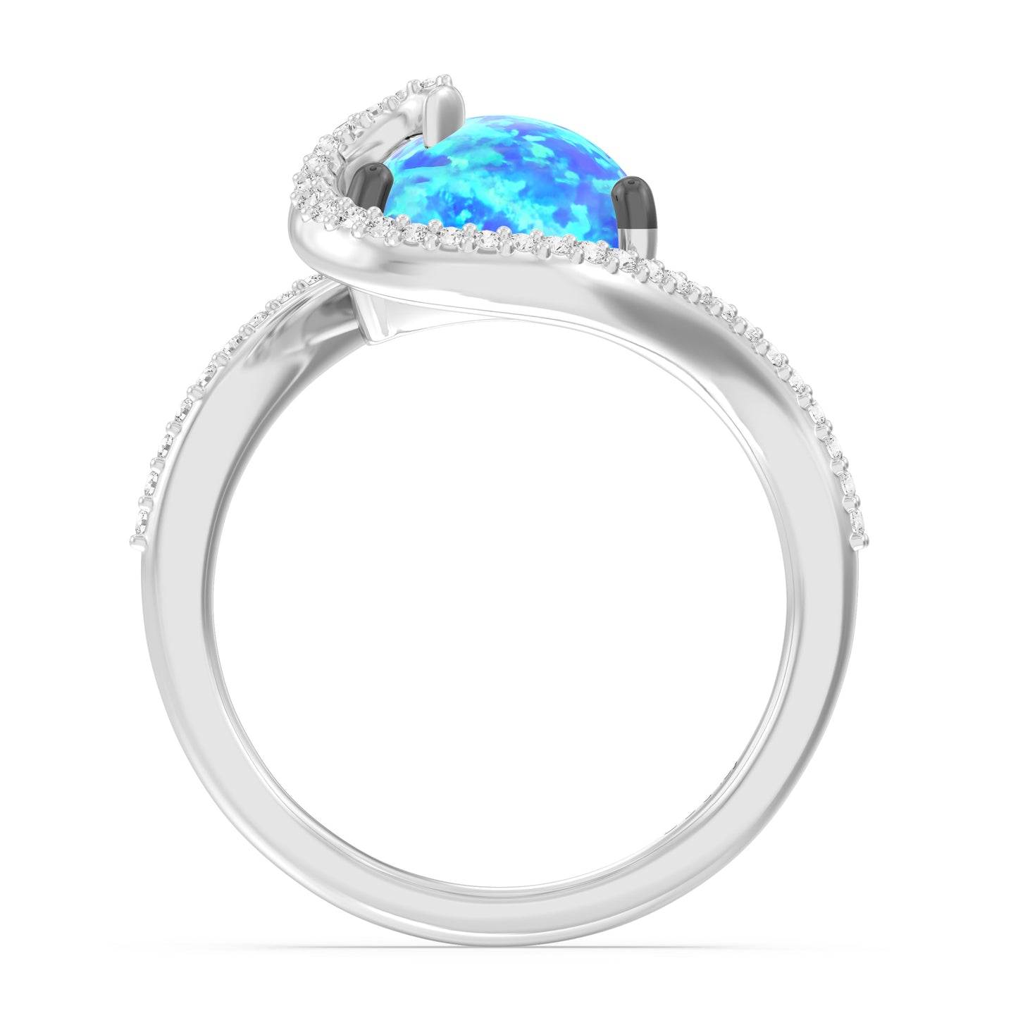 Enchanted Disney Fine Jewelry Sterling Silver and Black Rhodium with 1/5 CTTW Diamonds and Created Pear-Shaped Blue Opal, Disney Princess Moana Ring